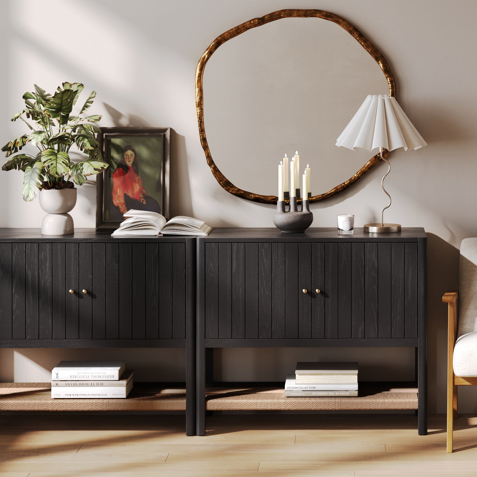Mid - Century Grooved Door Storage Cabinet Black Oak - Nathan James