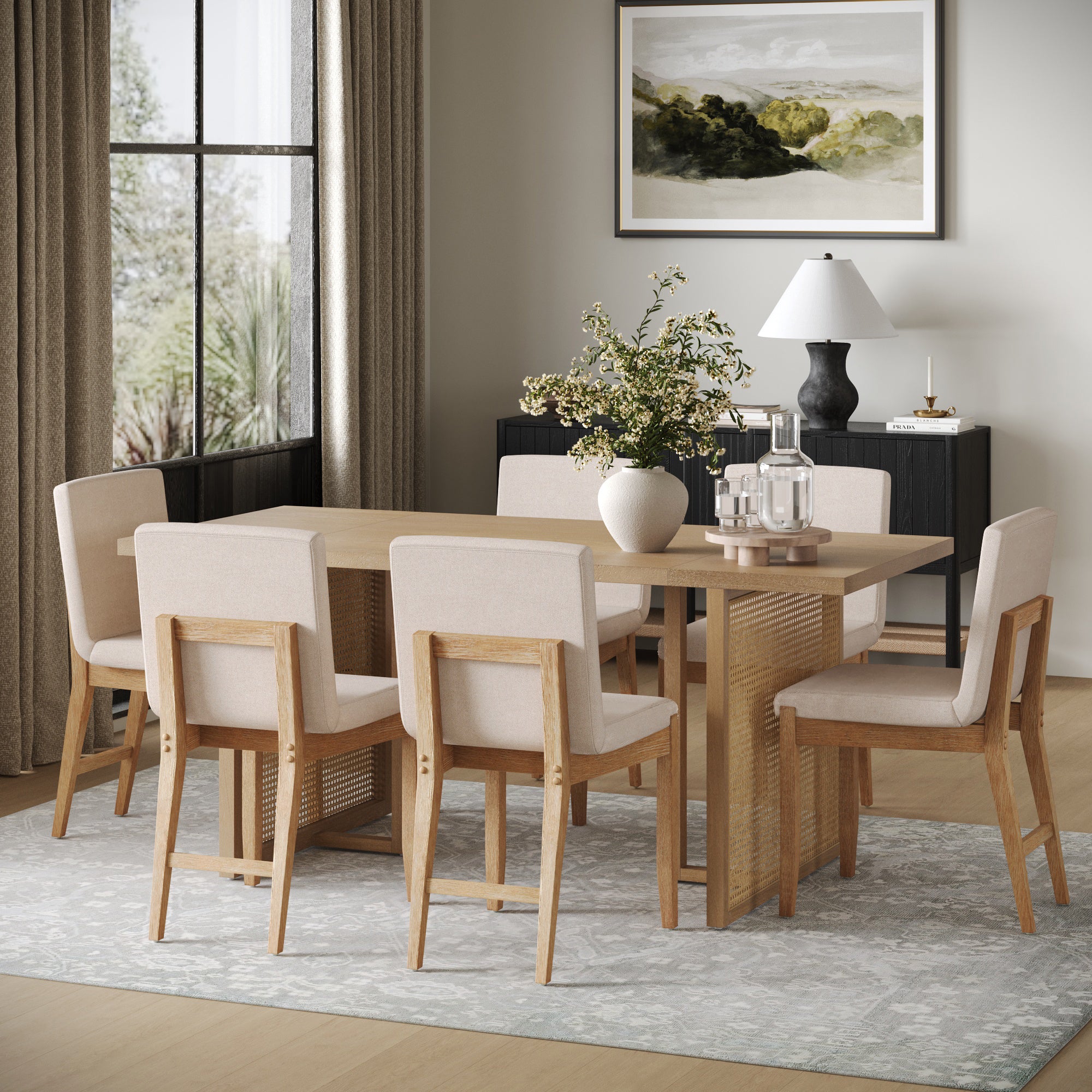 Rattan Boho Dining Set w/ Upholstered Dining Chairs (Set of 6) - Nathan James