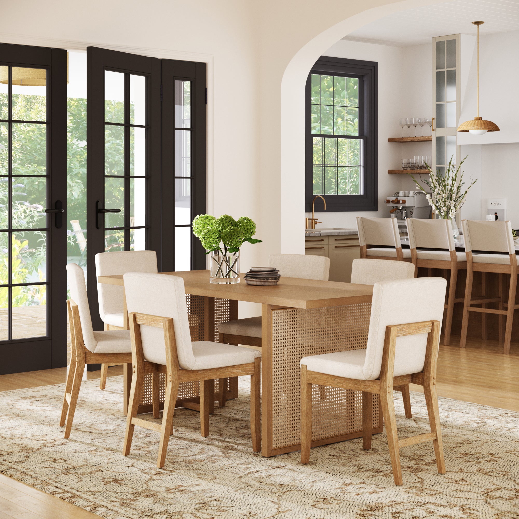 Rattan Boho Dining Set w/ Upholstered Dining Chairs (Set of 6) - Nathan James