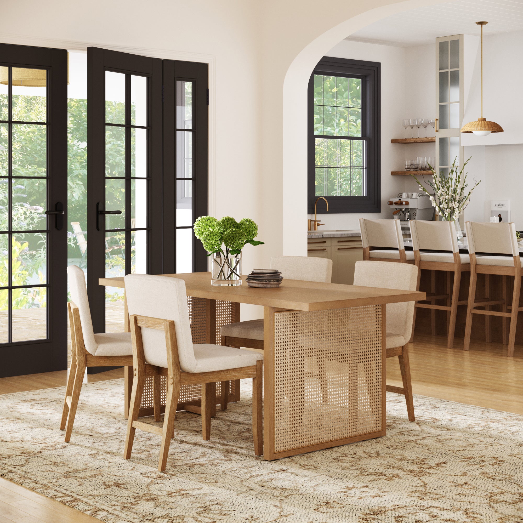 Rattan Boho Dining Set w/ Upholstered Dining Chairs (Set of 4) - Nathan James