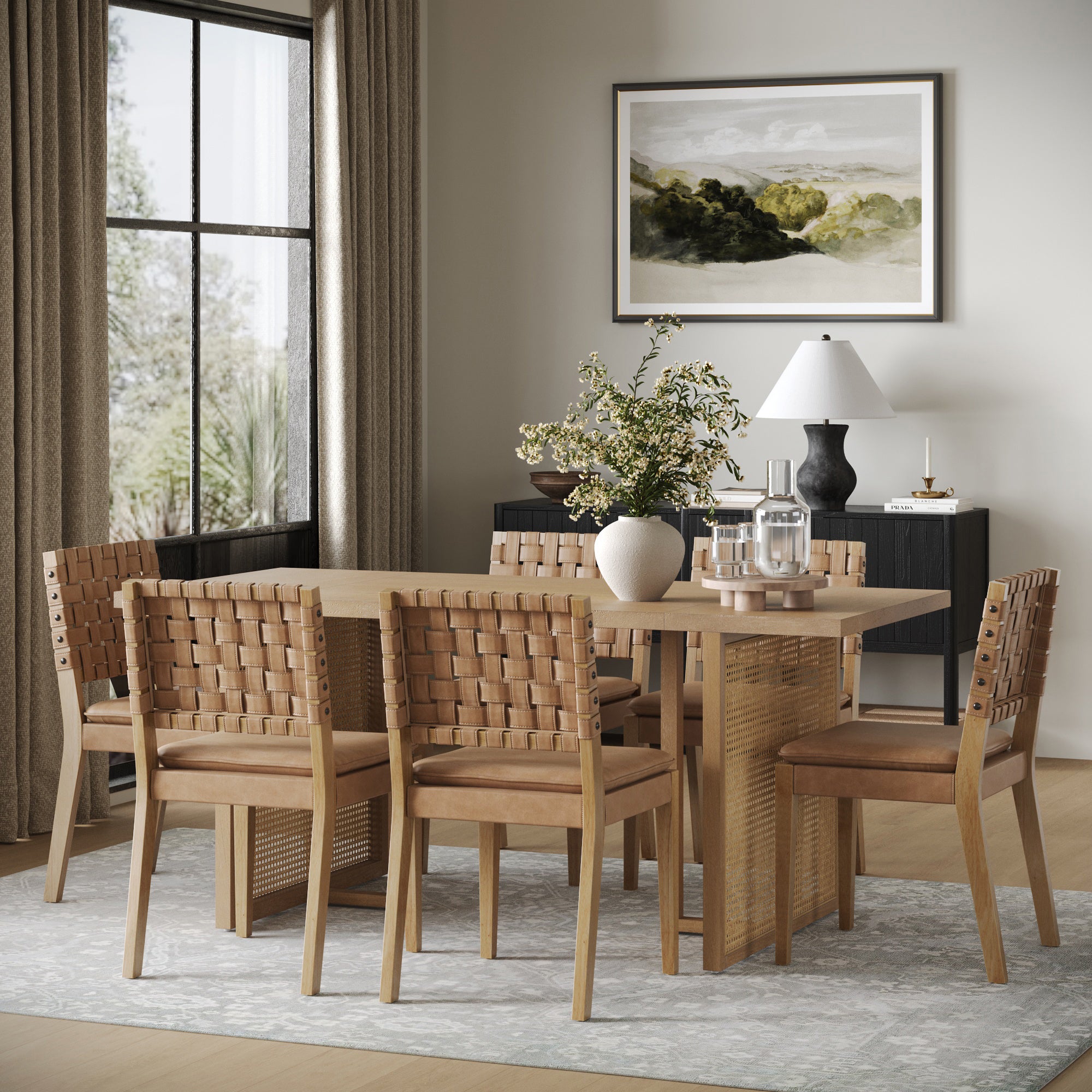 Rattan Boho Dining Table Set of 6 w/ Faux Leather Chairs - Nathan James