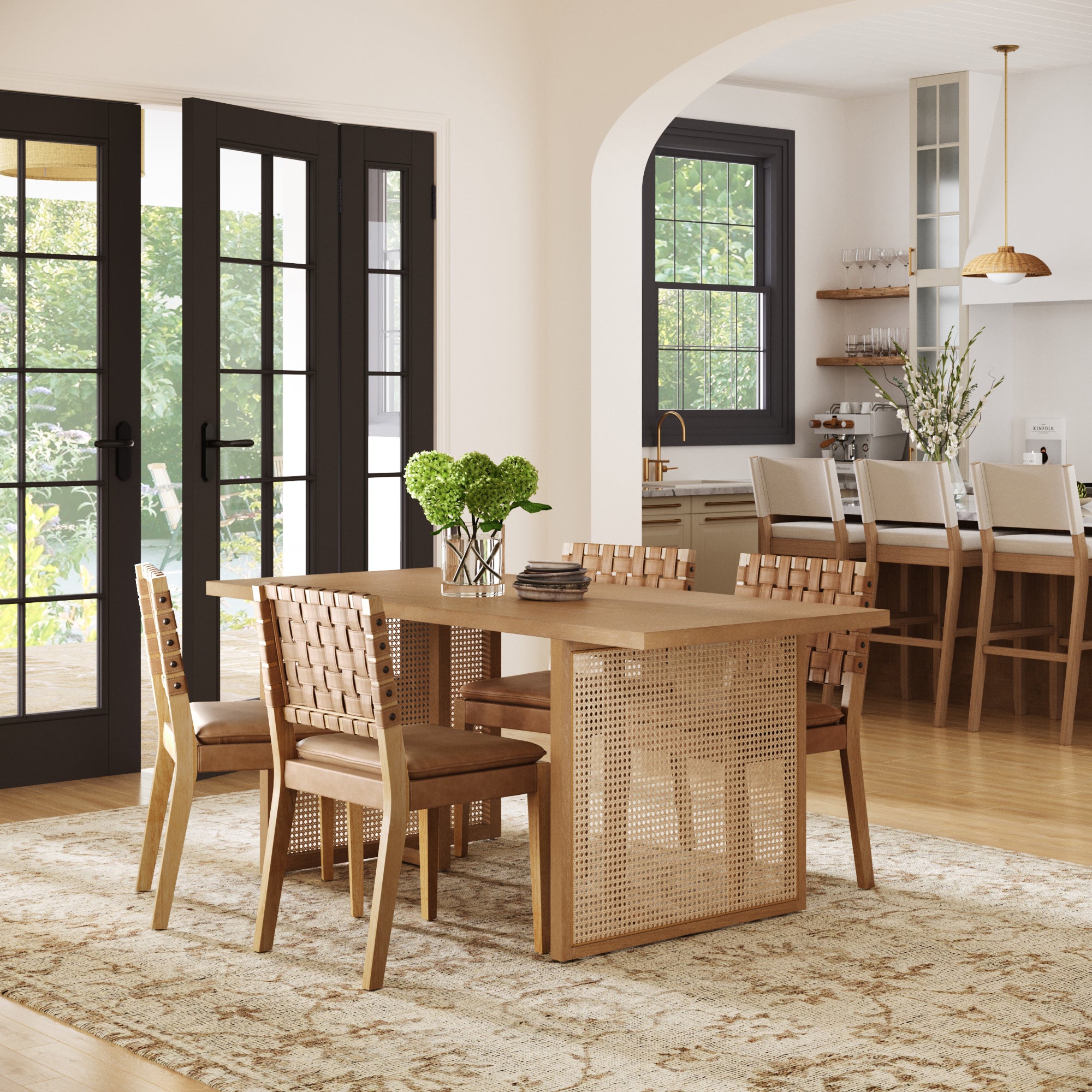 Rattan Boho Dining Table Set of 4 w/ Faux Leather Chairs - Nathan James