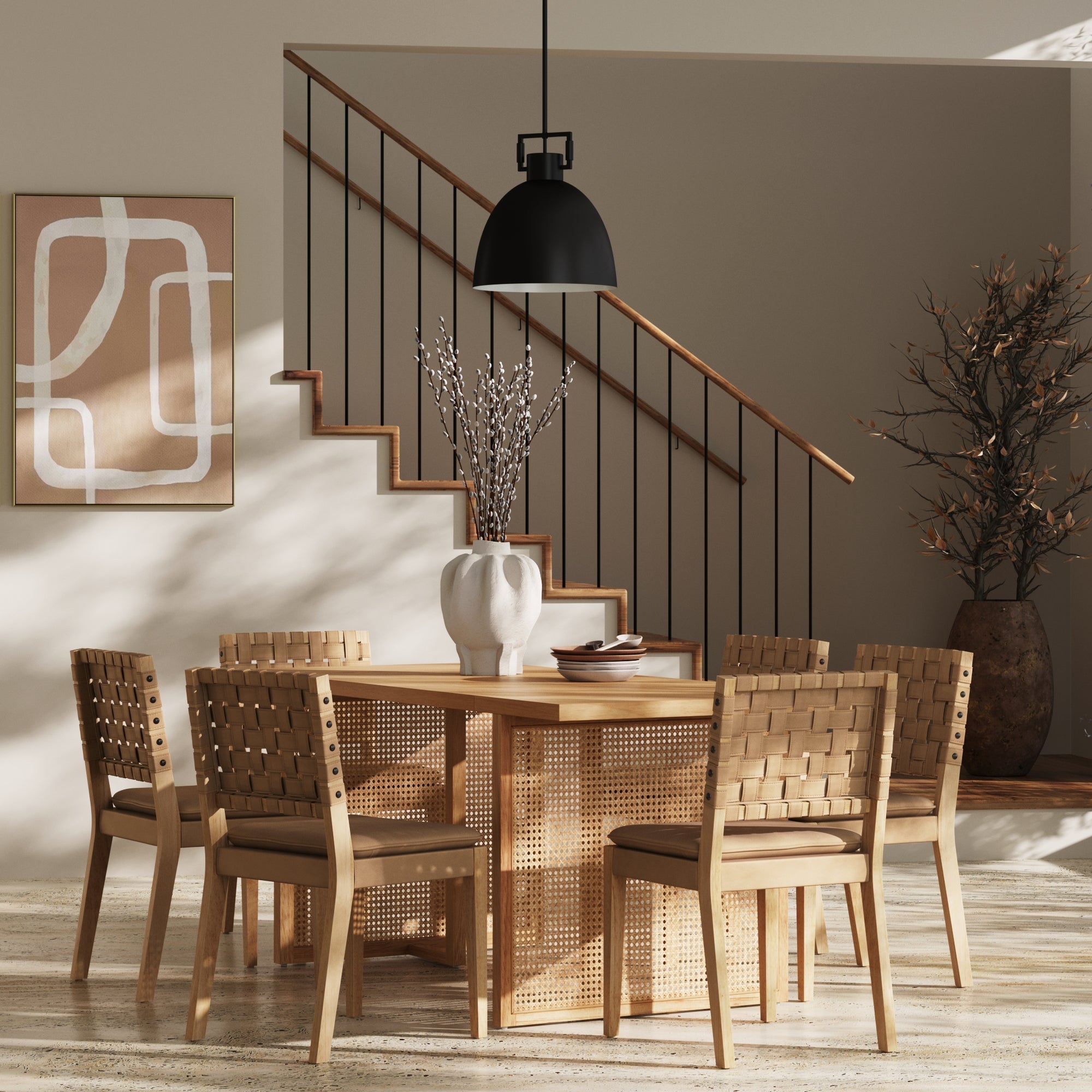 Woven Faux Leather & Rattan Dining Set (6 Chairs) - Nathan James