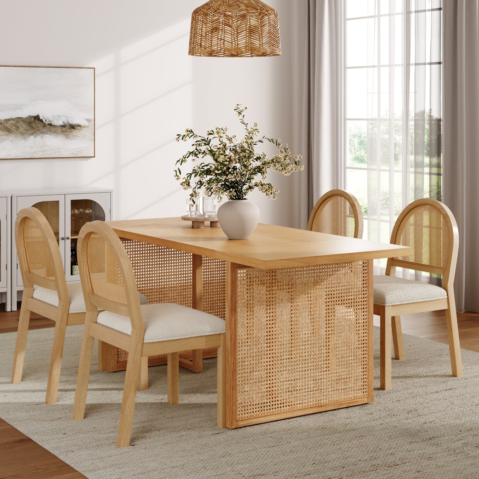 Bohemian Rattan & Boucle Dining Set (4 Chairs) - Nathan James