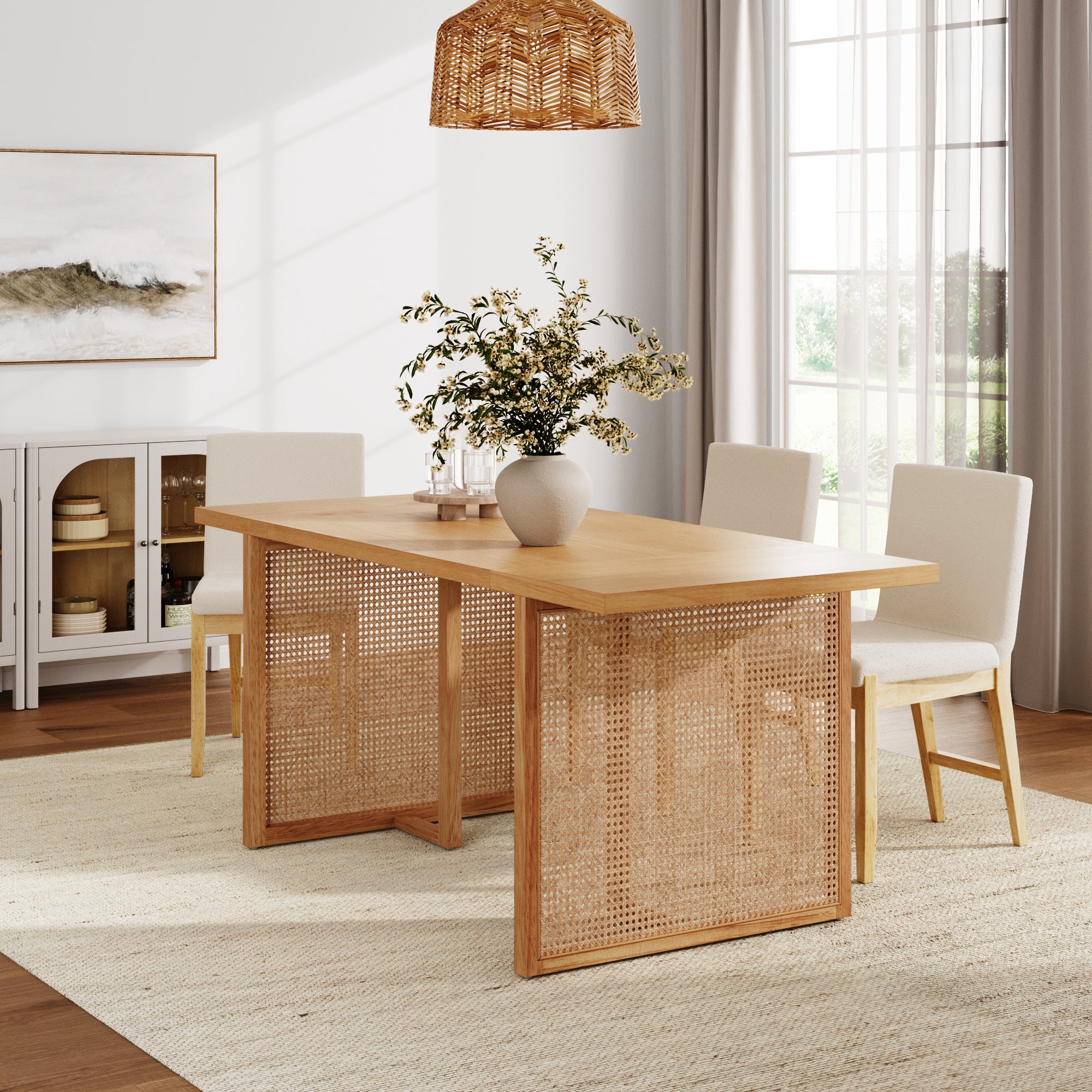 Bohemian Natural Wood & Rattan Dining Table - Nathan James