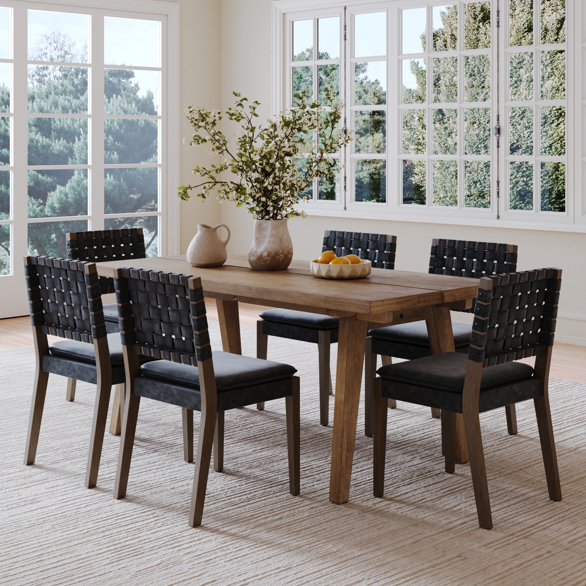 Mid Century Faux Leather Dining Set Black (6 Chairs) - Nathan James