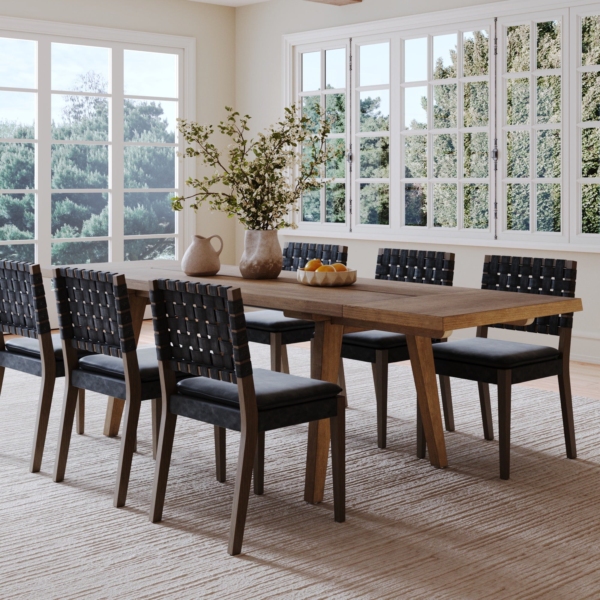 Extendable Woven Faux Leather Dining Set Black (6 Chairs) - Nathan James