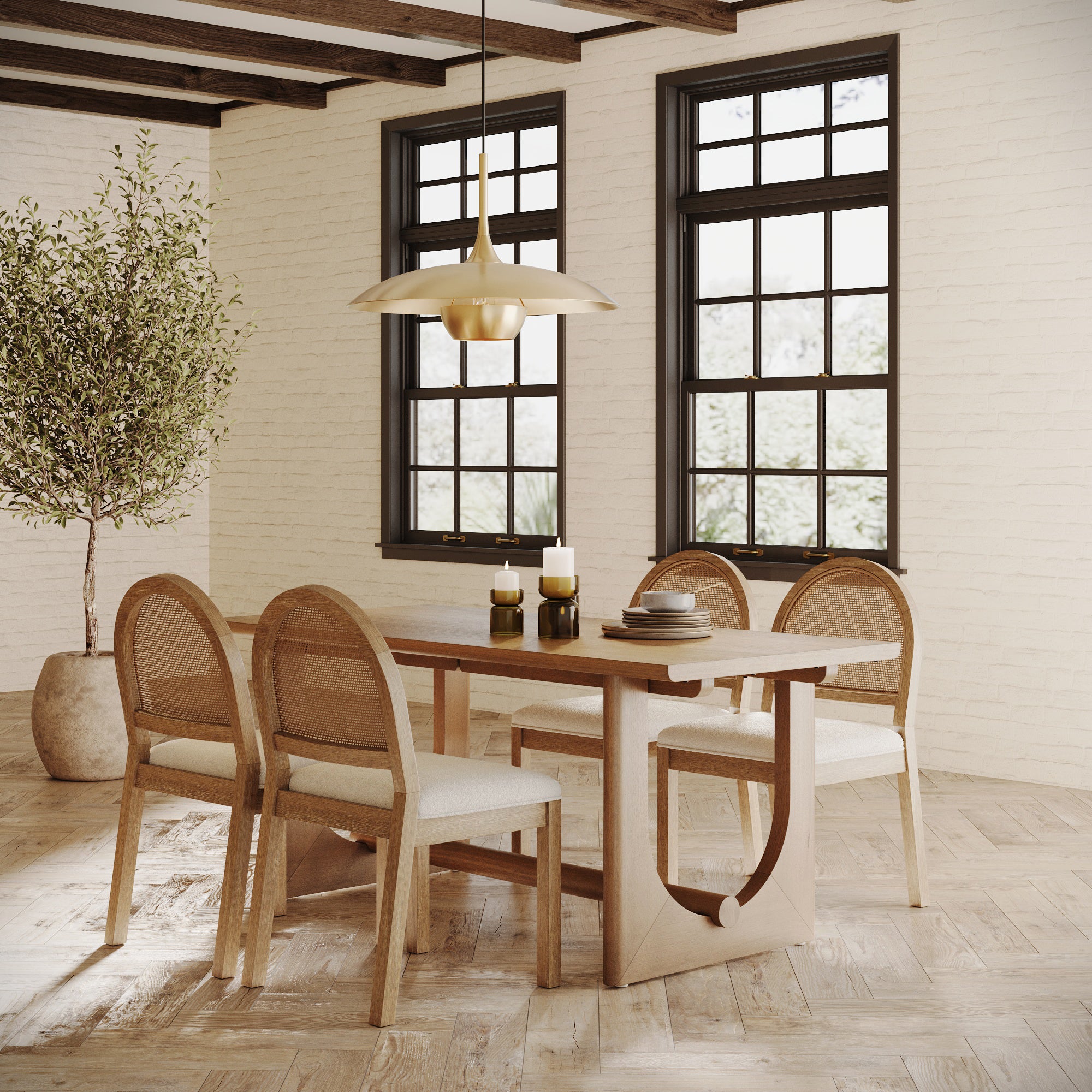 Mid - Century Rattan Boucle Dining Table Set (4 Chairs) - Nathan James