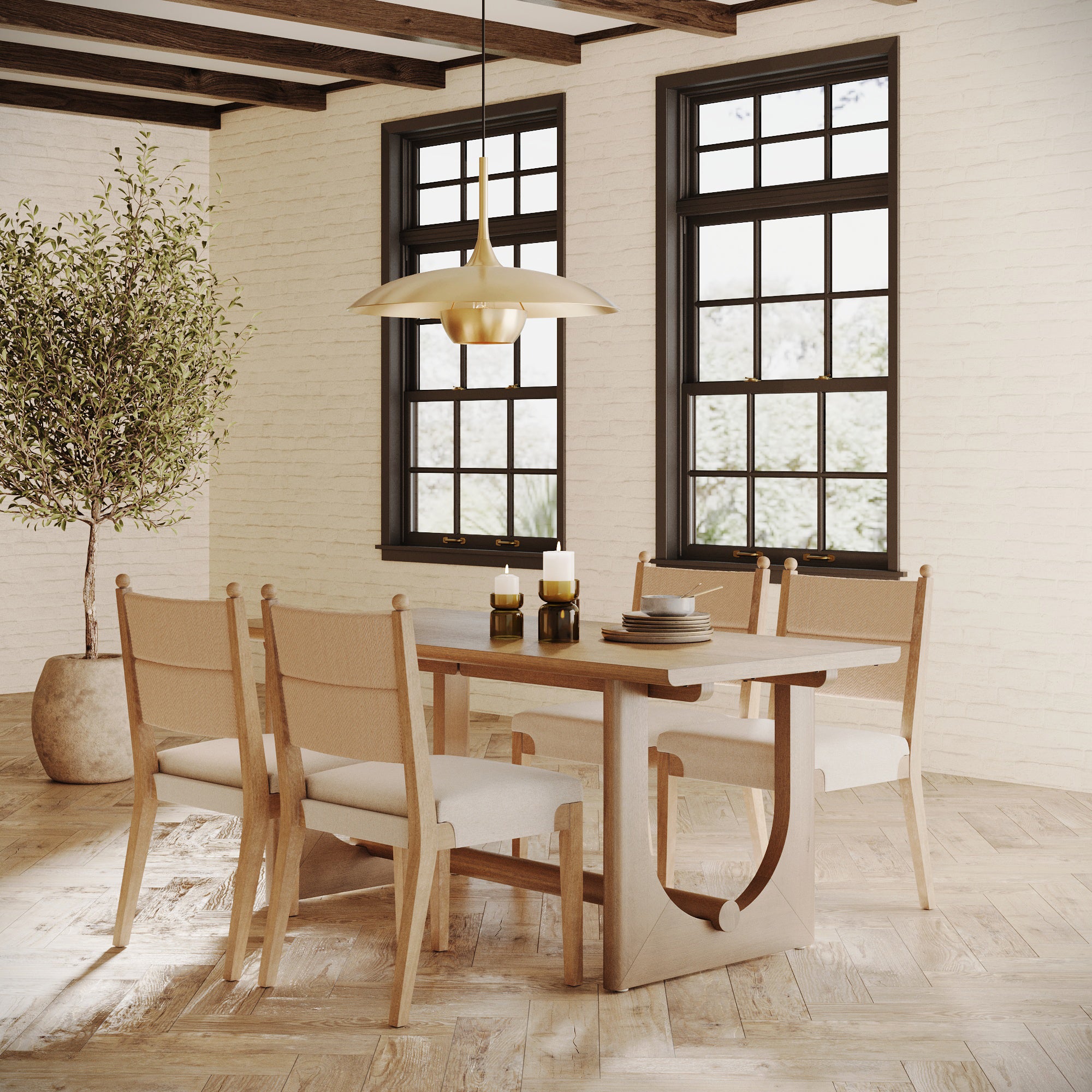 Mid - Century Seagrass Dining Table Set (4 Chairs) - Nathan James