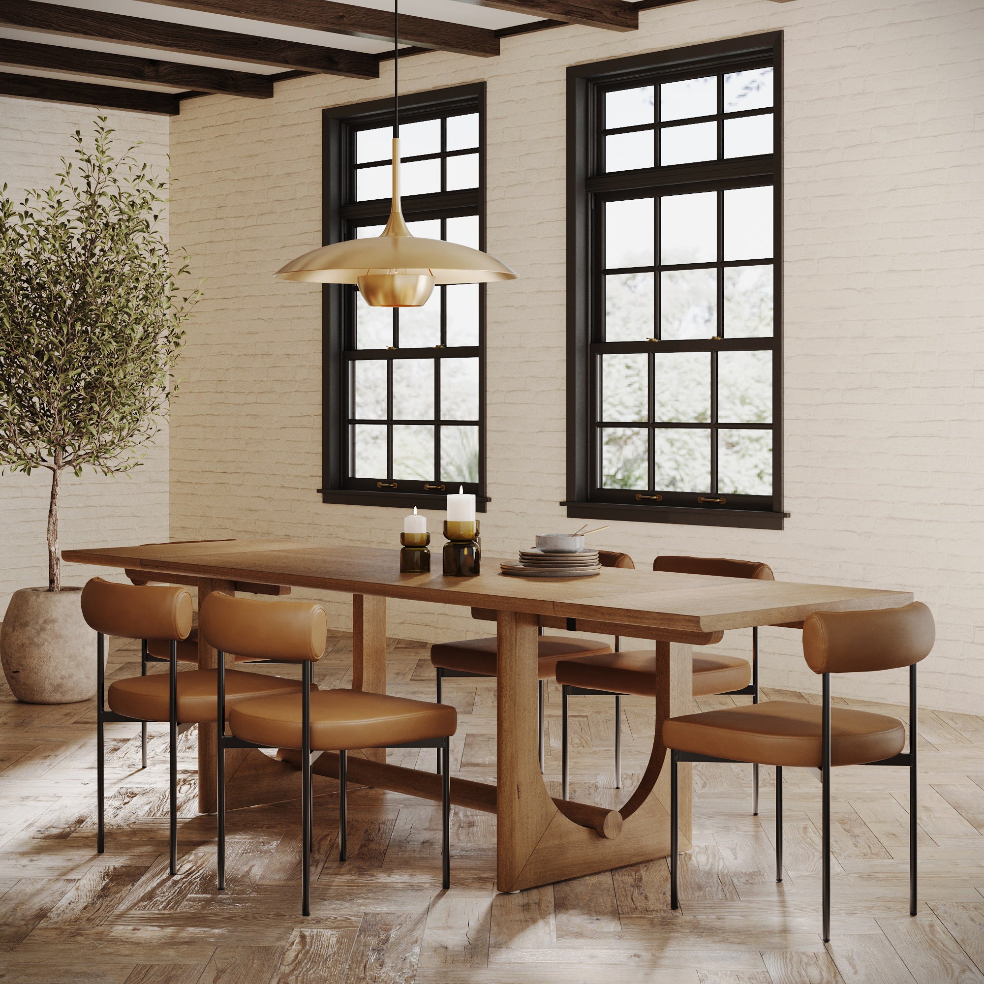 Extendable Mid - Century Faux Leather Dining Table Set (6 Chairs) - Nathan James