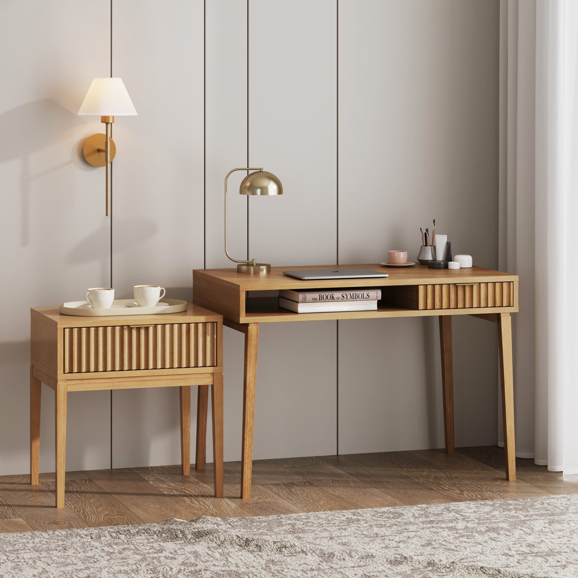 Solid Wood Fluted Desk & Nightstand Bedroom Vanity Set - Nathan James