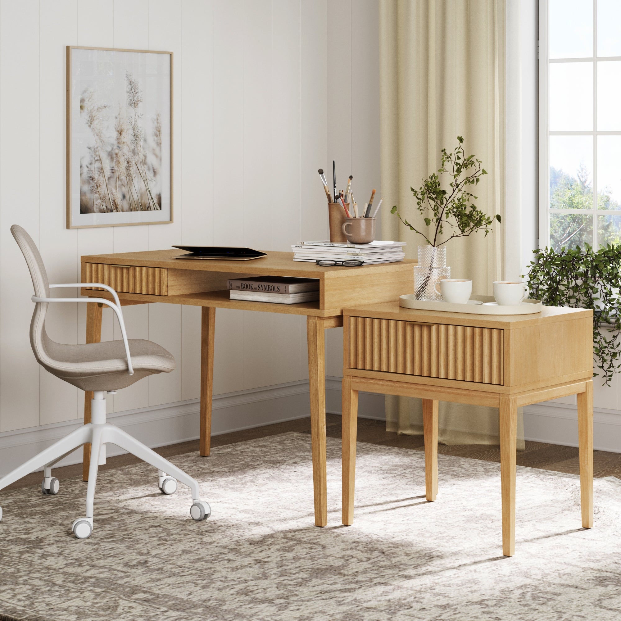 Solid Wood Fluted Desk & Nightstand Bedroom Vanity Set - Nathan James