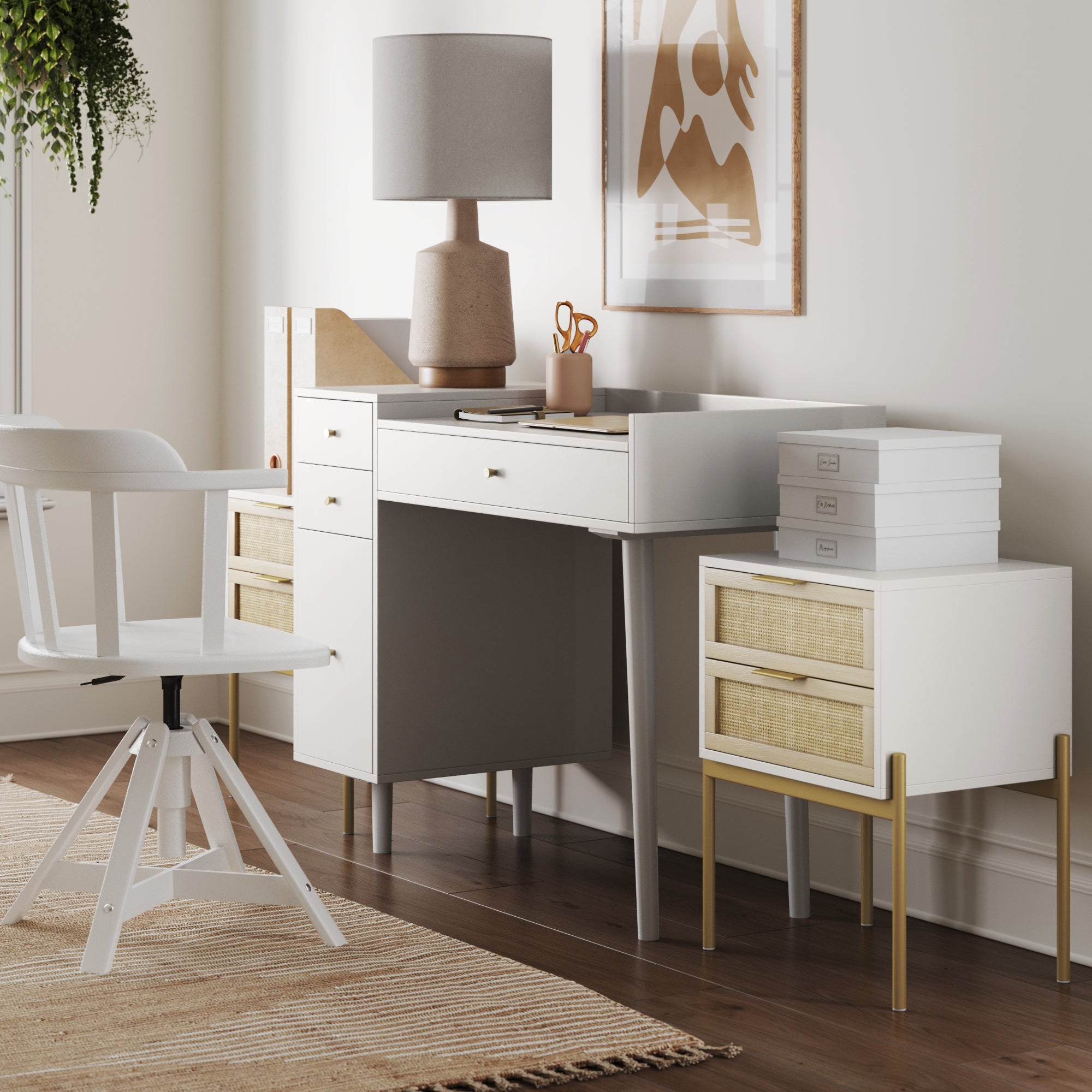 Farmhouse Wood Desk and End Table Bedroom Vanity Set - Nathan James