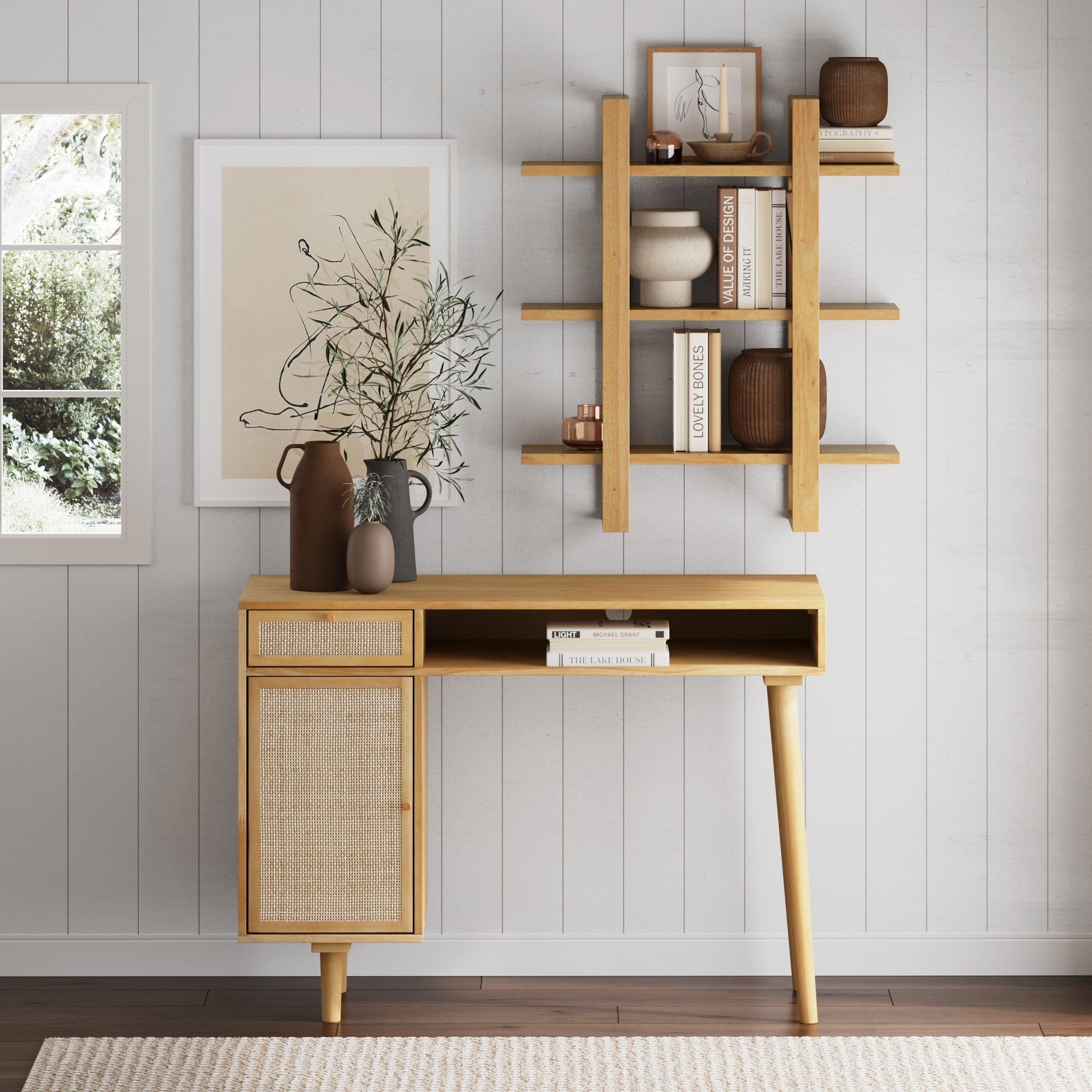 Solid Wood & Rattan Desk & Bookshelf Wall Unit - Nathan James