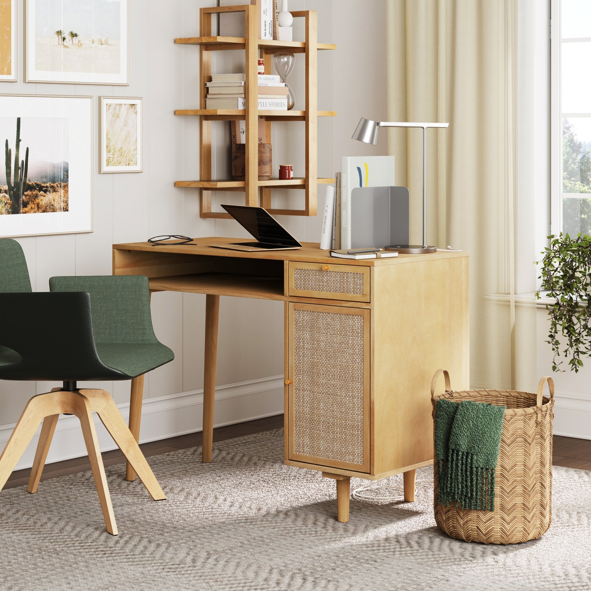 Solid Wood & Rattan Desk & Bookshelf Wall Unit - Nathan James