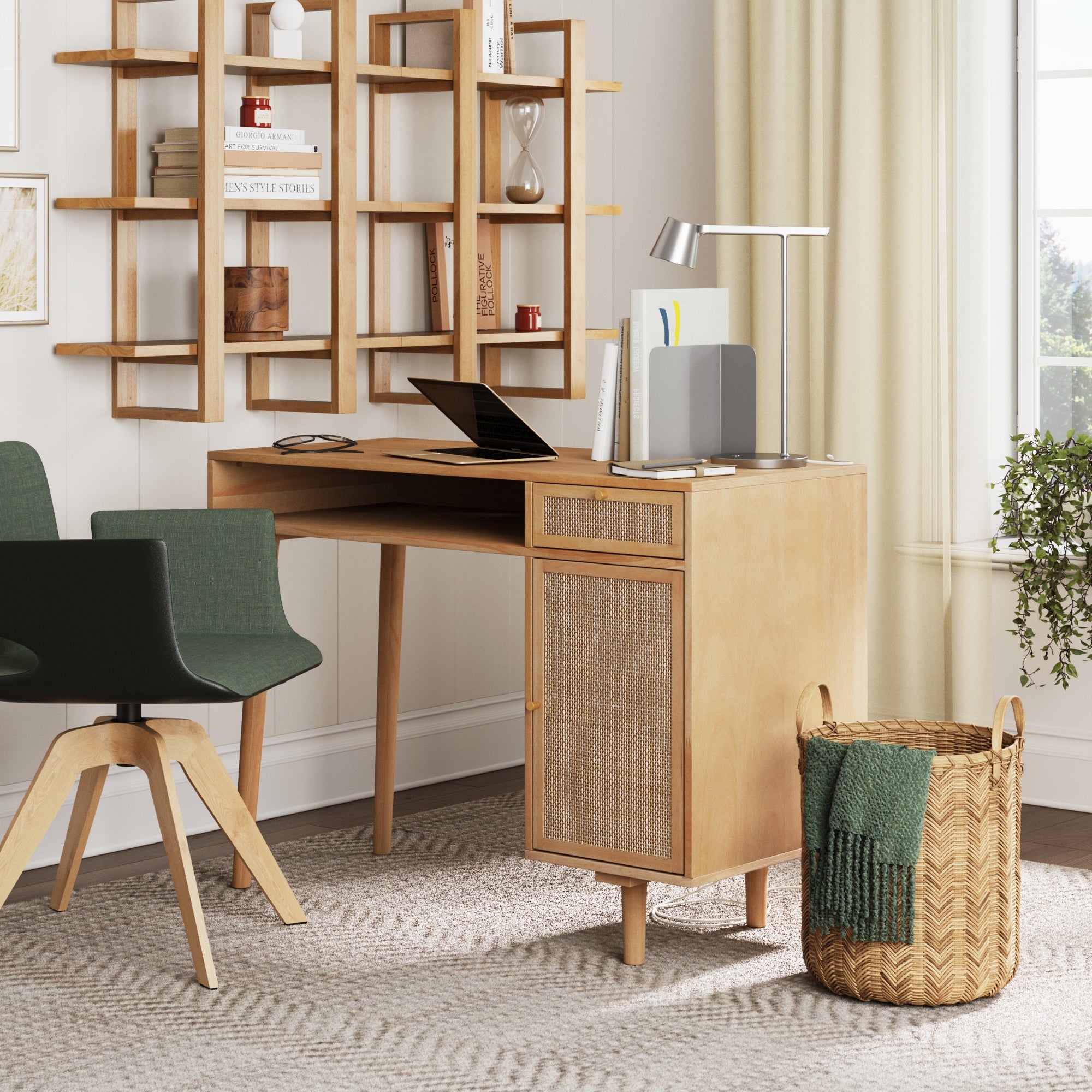 Solid Wood & Rattan Desk and Bookshelf Wall Unit - Nathan James