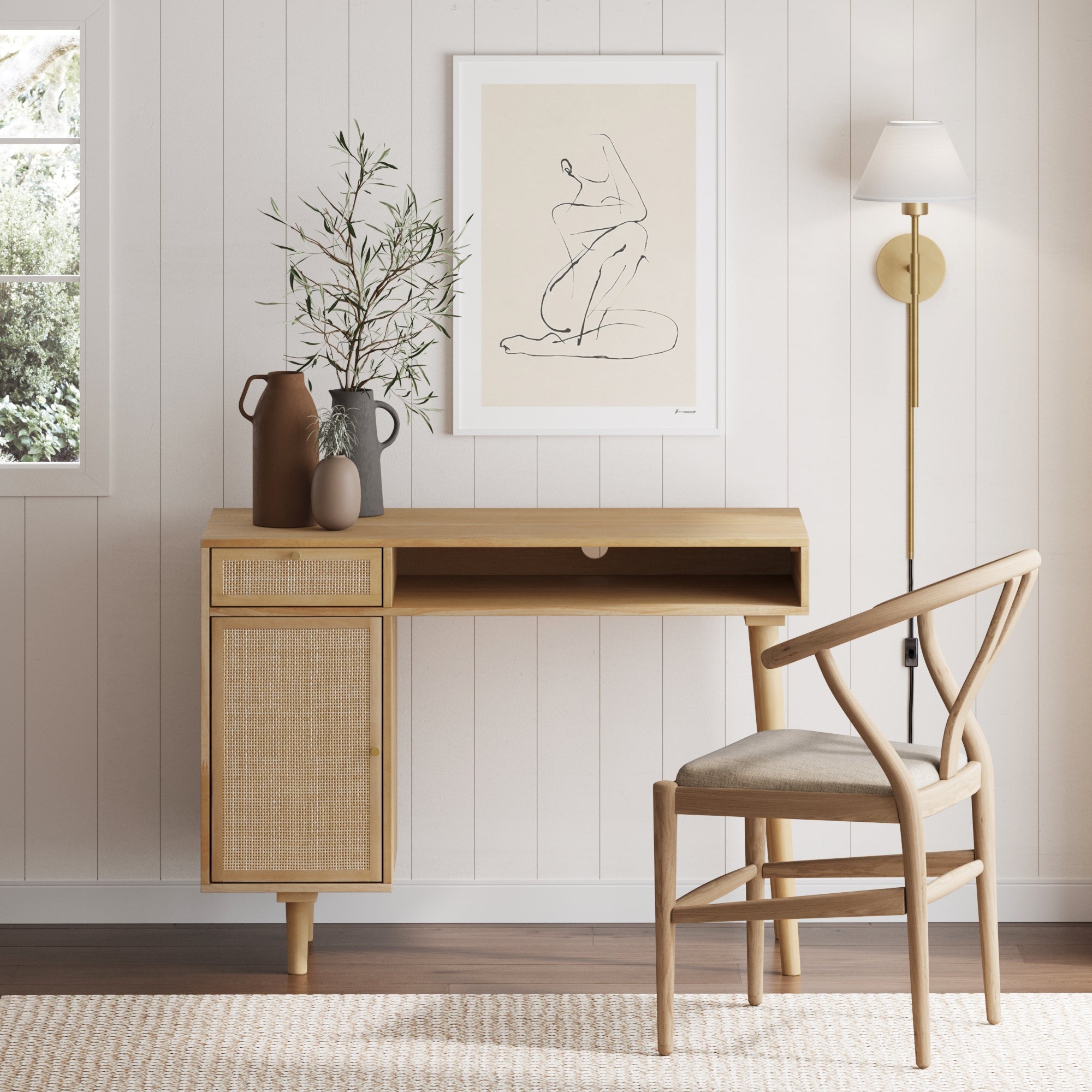 Boho Rattan & Wood Vanity Desk with Storage - Nathan James