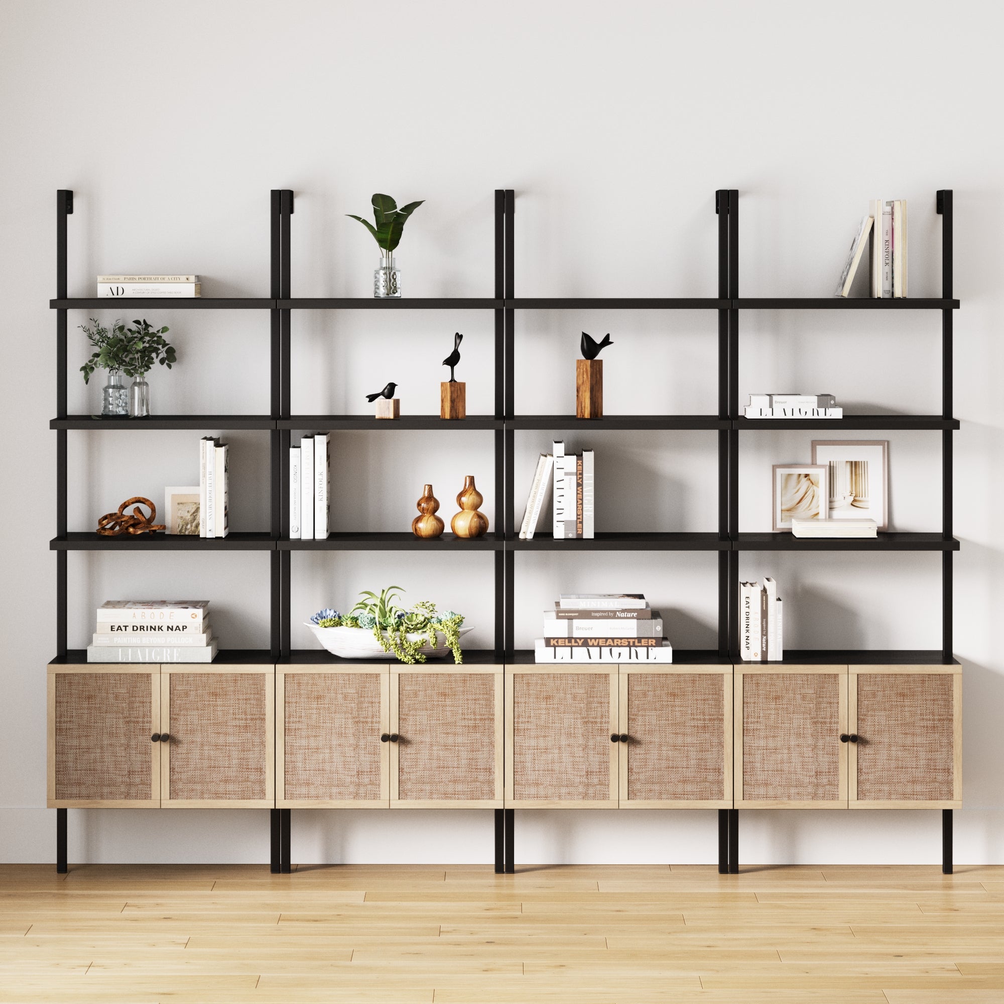 Rattan Ladder Wall Bookshelves with Doors Black (Set of 4) - Nathan James