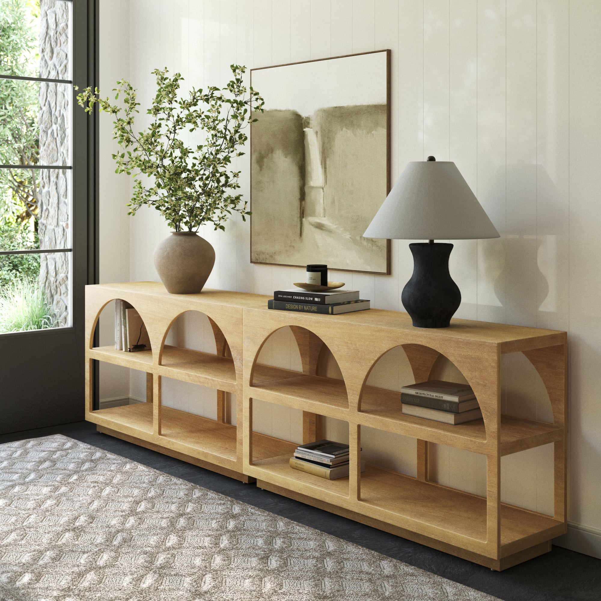 Organic Modern Wood Arched Open Shelf Storage Cabinet Light Brown (Set of 2) - Nathan James