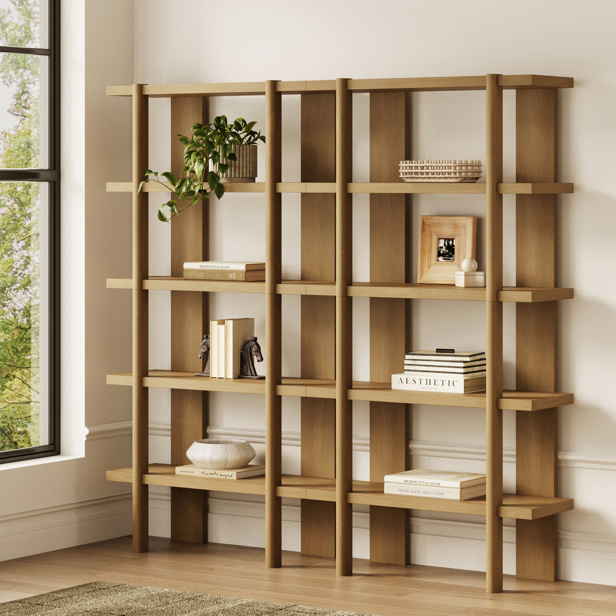 Modern Rounded Wood 5-Shelf Bookshelf Light Brown (Set of 2)