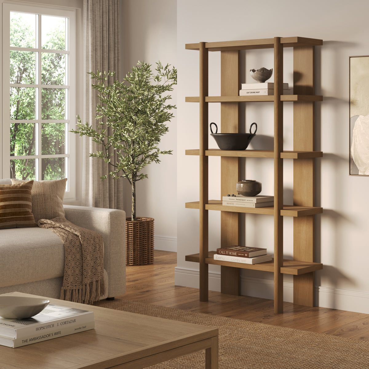 Modern Rounded Wood 5-Shelf Bookshelf Light Brown
