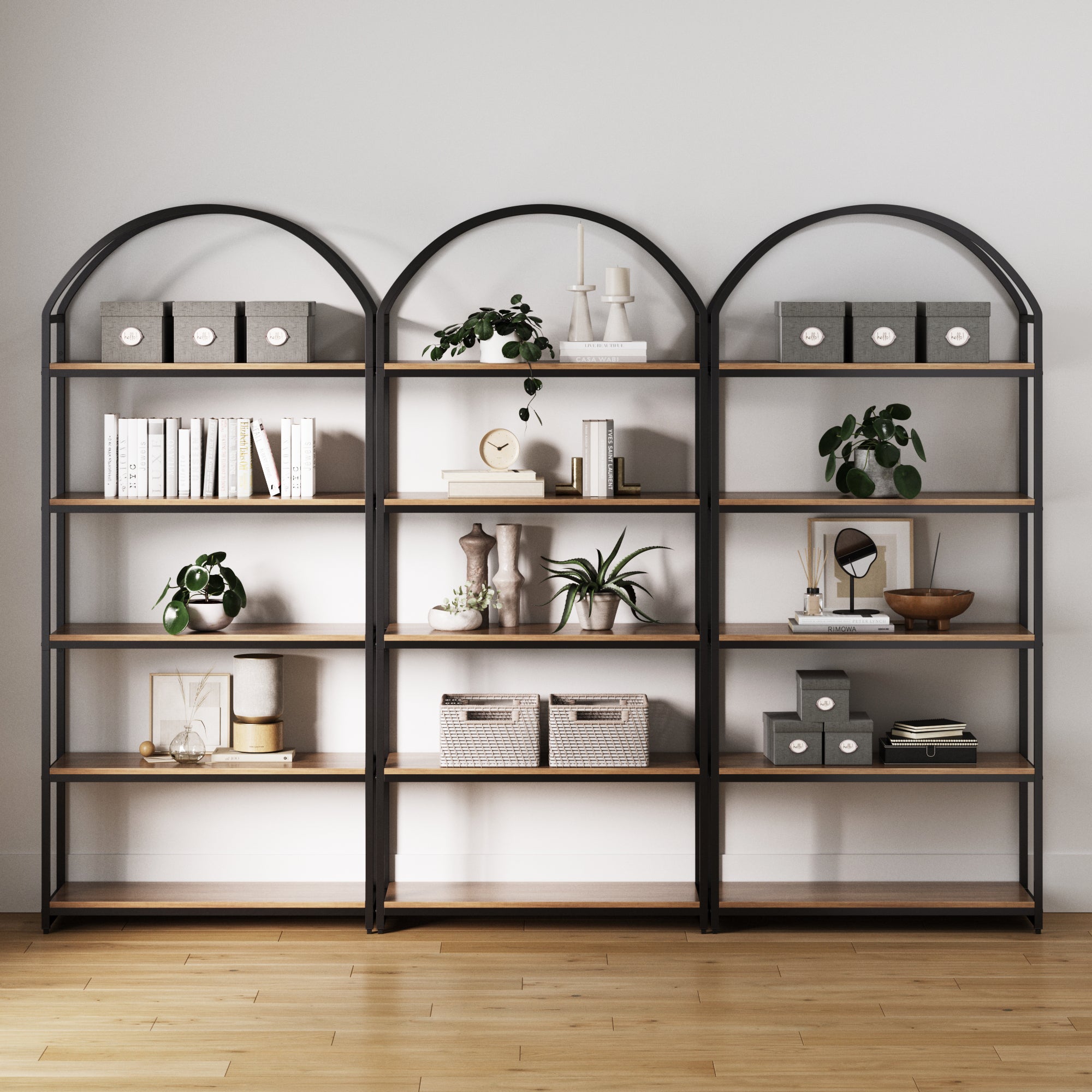 Metal 5 - Shelf Arched Bookshelves Oak (Set of 3) - Nathan James