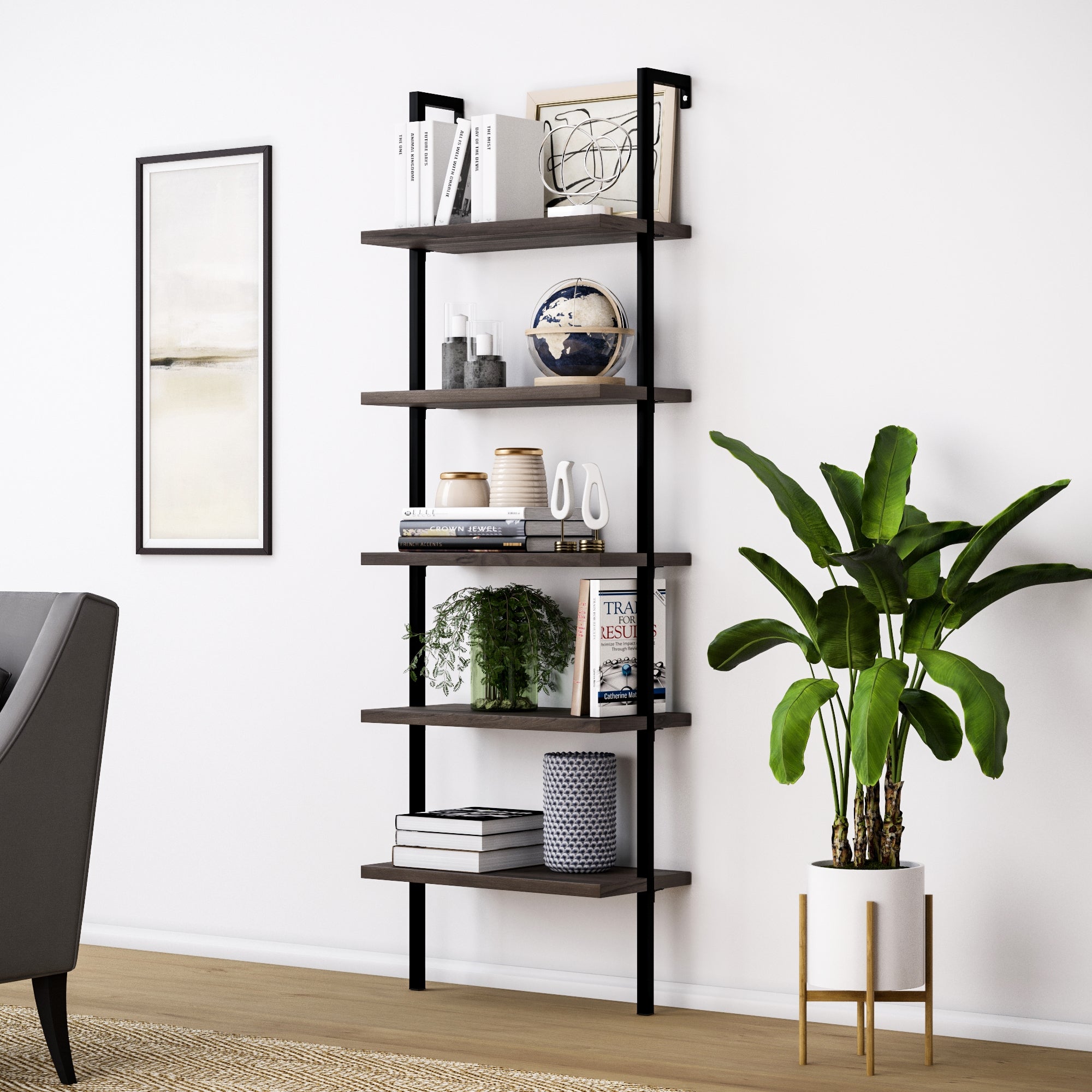 5 - Shelf Ladder Bookshelf Nutmeg Matte Black - Nathan James