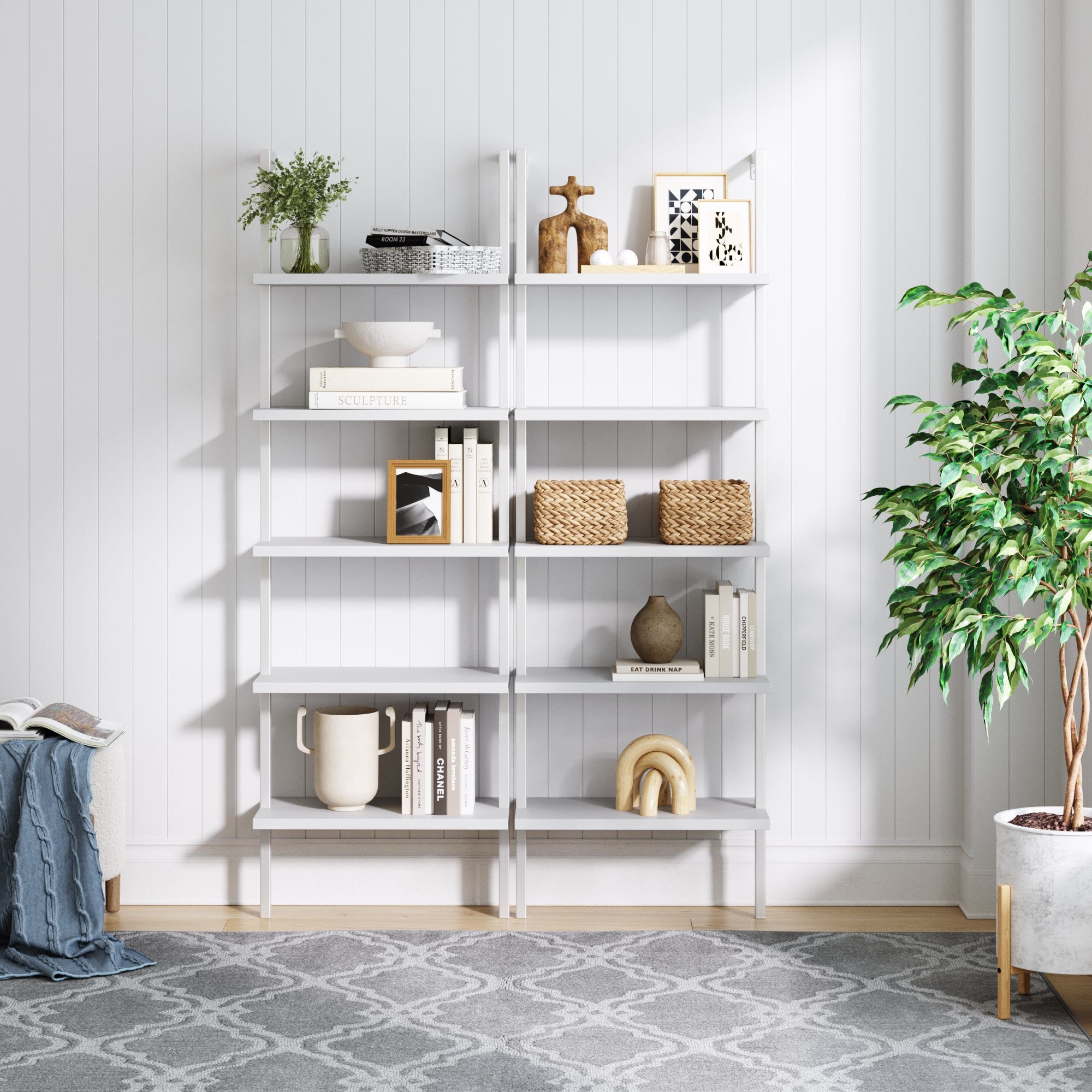 5 - Shelf Coastal Ladder Bookshelf White (Set of 2) - Nathan James