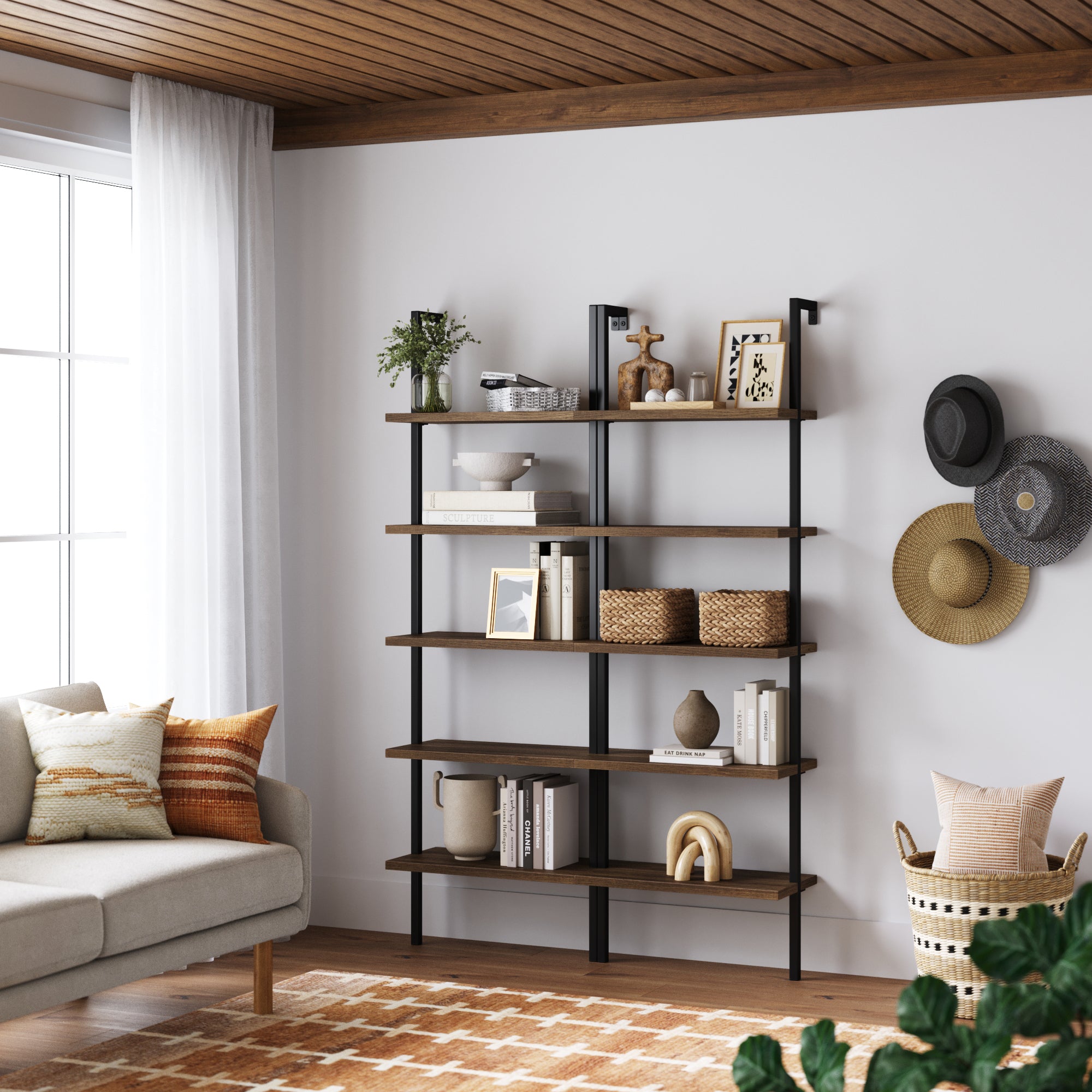 5 - Shelf Ladder Bookshelf Oak Matte Black (Set of 2) - Nathan James