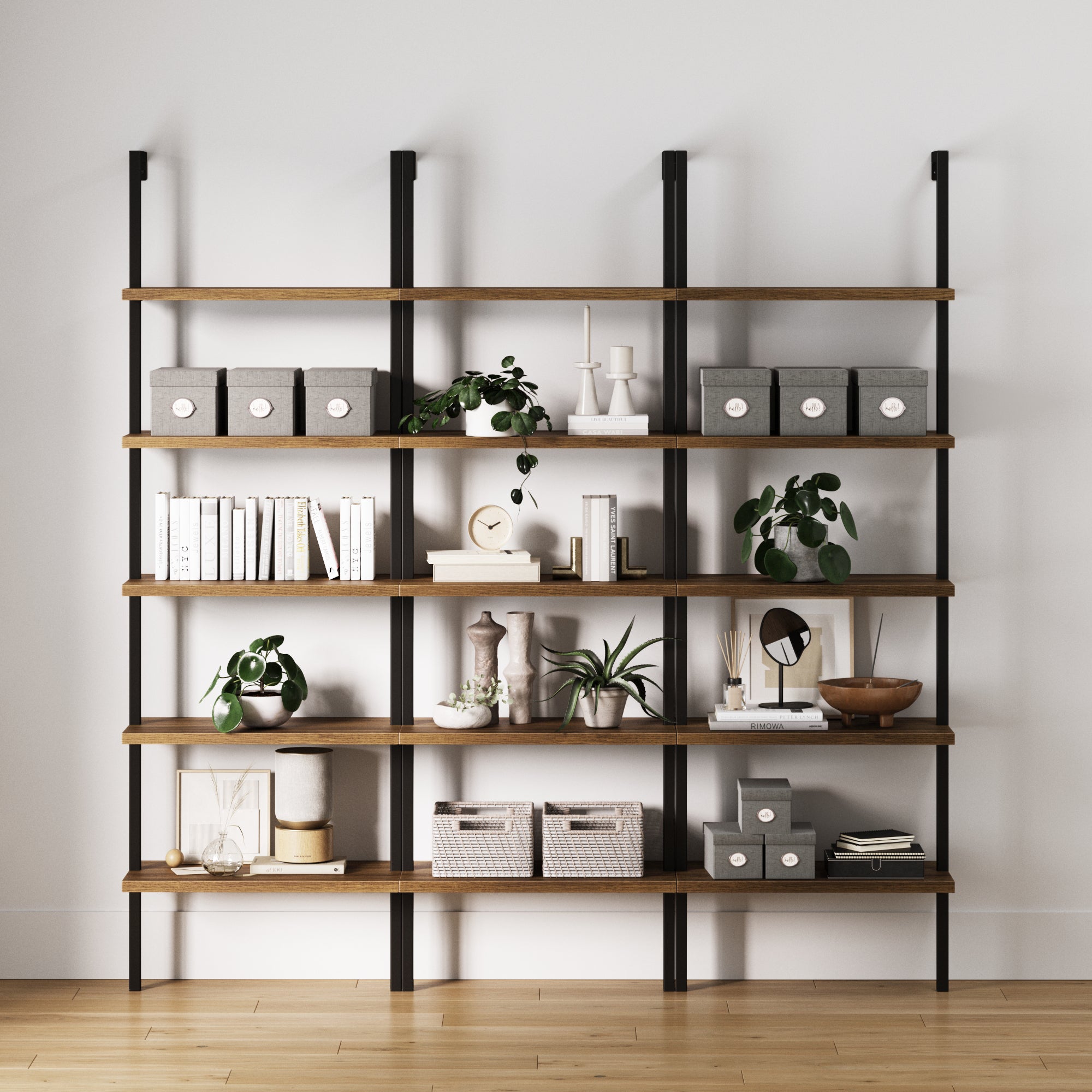 5 - Shelf Ladder Bookshelf Oak Matte Black (Set of 3) - Nathan James