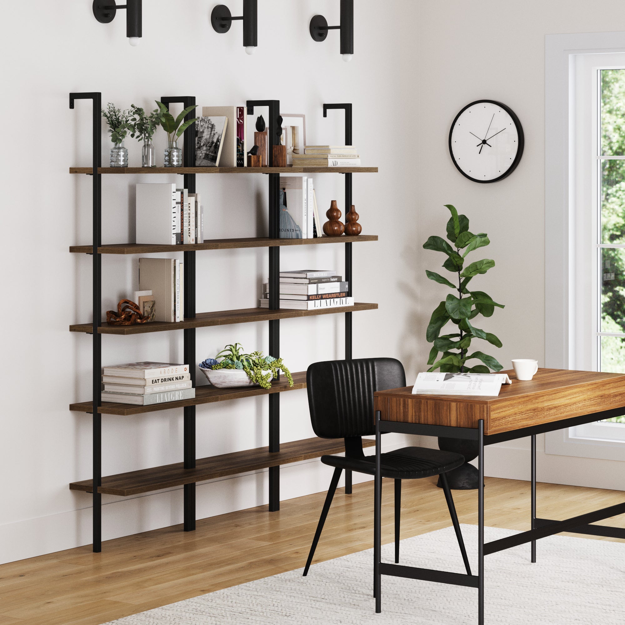 5 - Shelf Ladder Bookshelf Oak Matte Black (Set of 3) - Nathan James