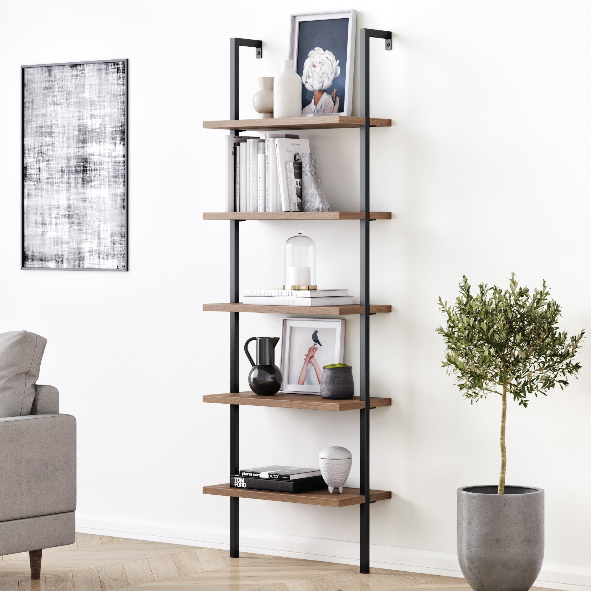 5 - Shelf Ladder Bookshelf Oak Matte Black - Nathan James