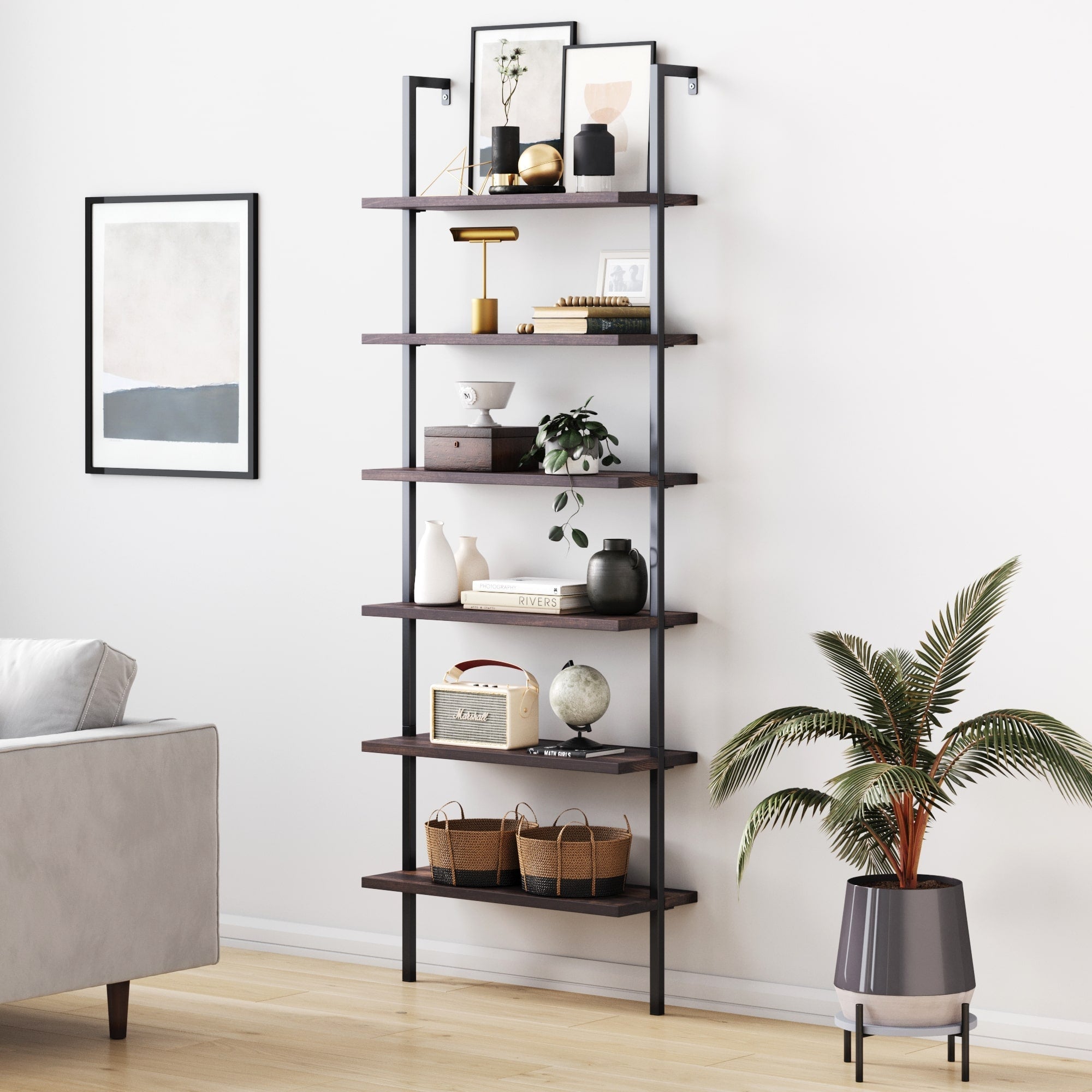 6 - Shelf Ladder Bookshelf Nutmeg Matte Black - Nathan James