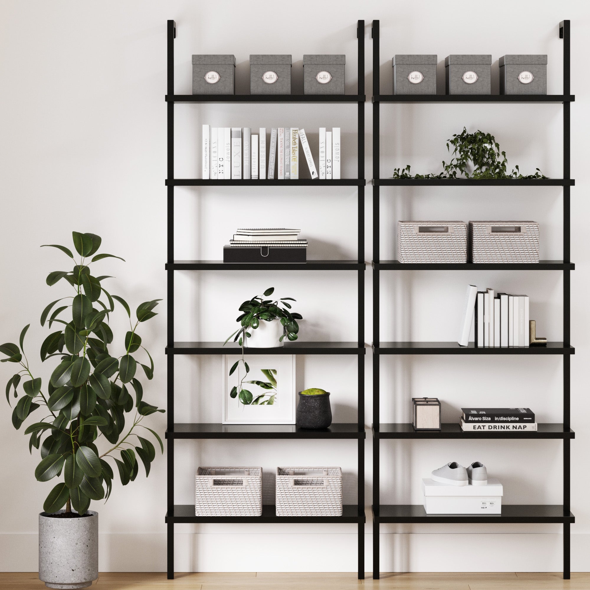 6 - Shelf Wall Mount Bookshelf Black (Set of 2) - Nathan James