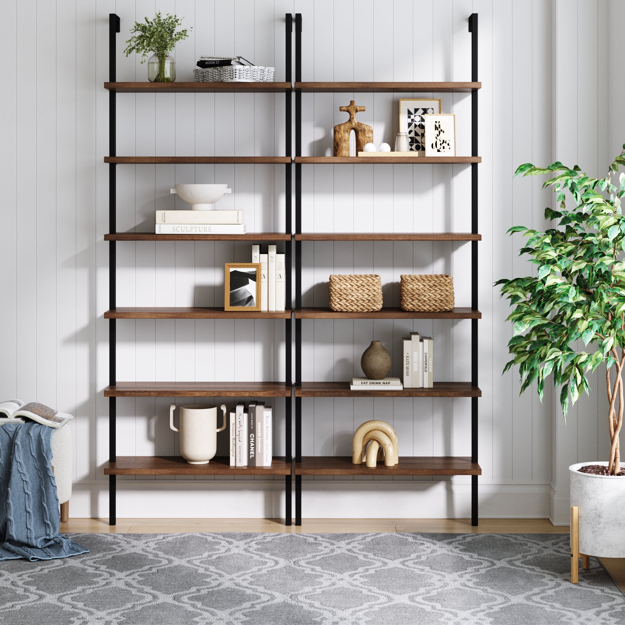 6 - Shelf Bookcase Oak Matte Black (Set of 2) - Nathan James