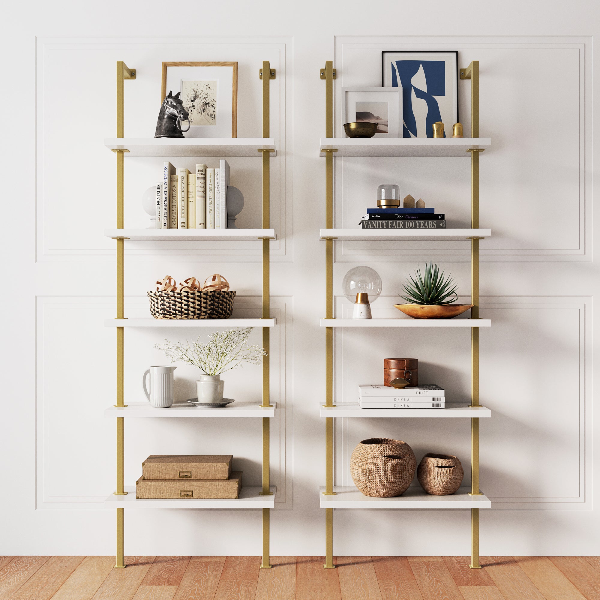 5 - Shelf Ladder Wall Bookshelves White Gold (Set of 2) - Nathan James