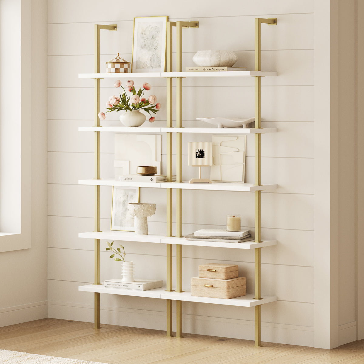 5-Shelf Ladder Wall Bookshelves White Gold (Set of 2) - Nathan James