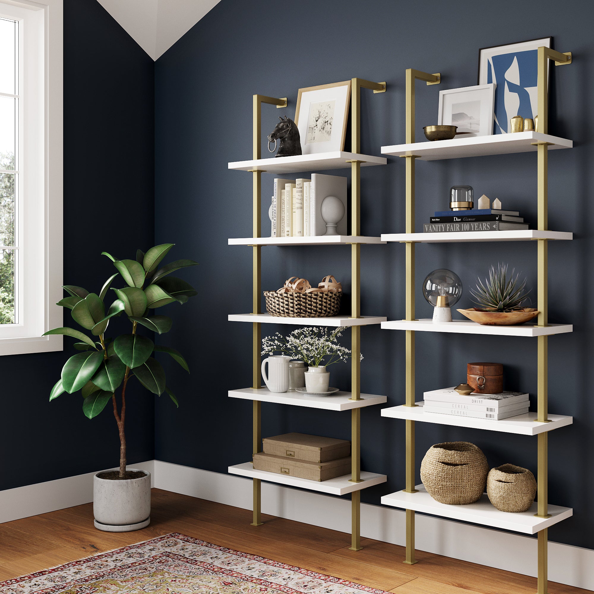 5 - Shelf Ladder Wall Bookshelves White Gold (Set of 2) - Nathan James