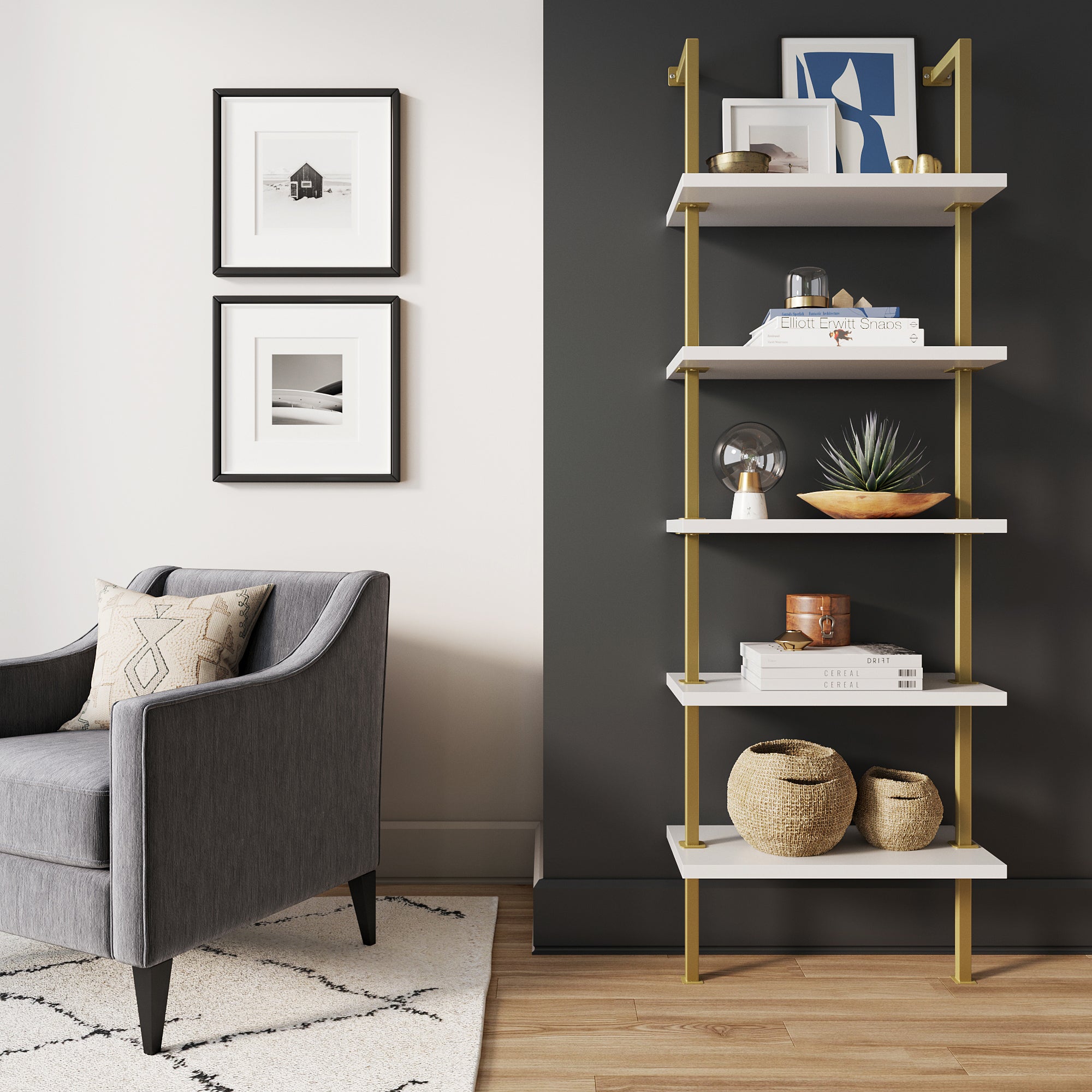 5 - Shelf Ladder Bookshelf White Gold - Nathan James
