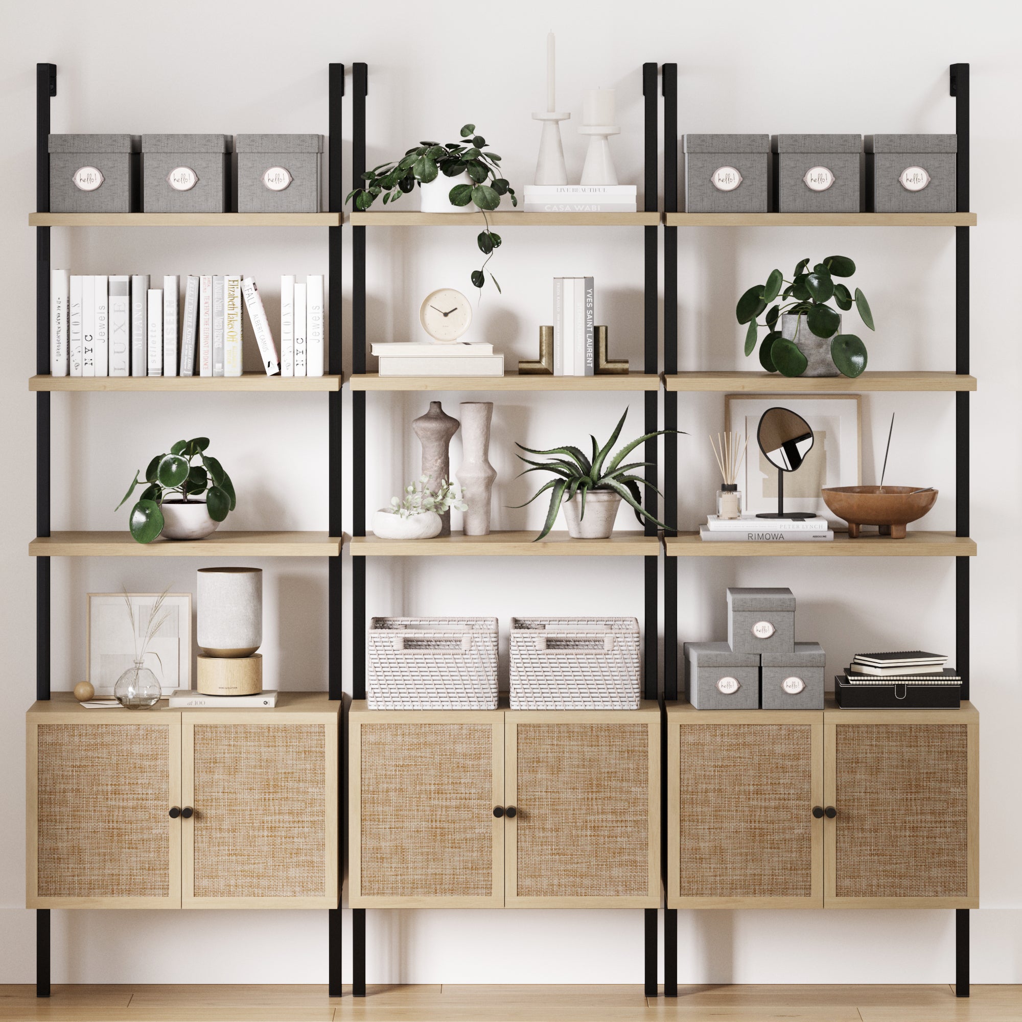 Rattan Ladder Wall Bookshelves with Doors Light Oak (Set of 3) - Nathan James