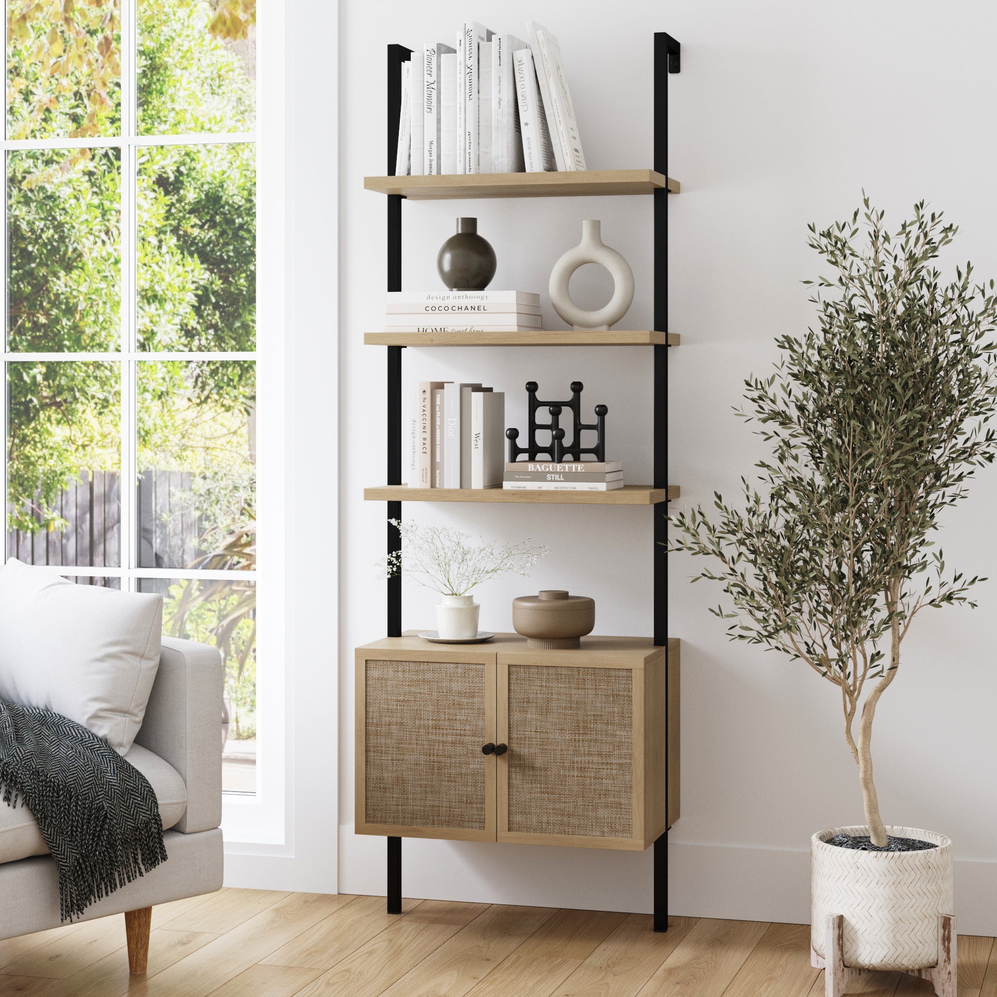 Rattan Ladder Storage Bookshelf with Doors Light Oak - Nathan James