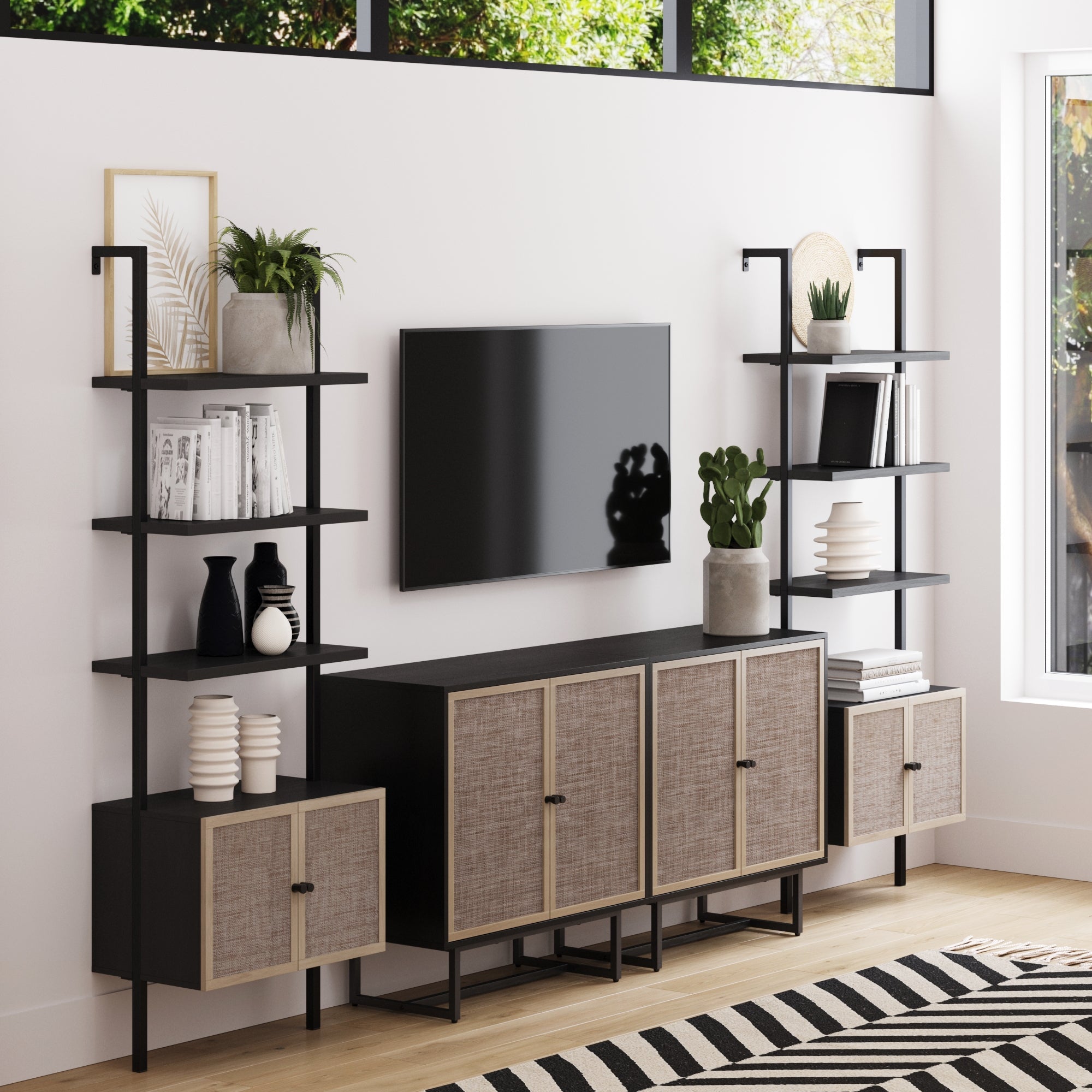 Rattan Ladder Wall Bookshelves with Doors Black (Set of 2) - Nathan James