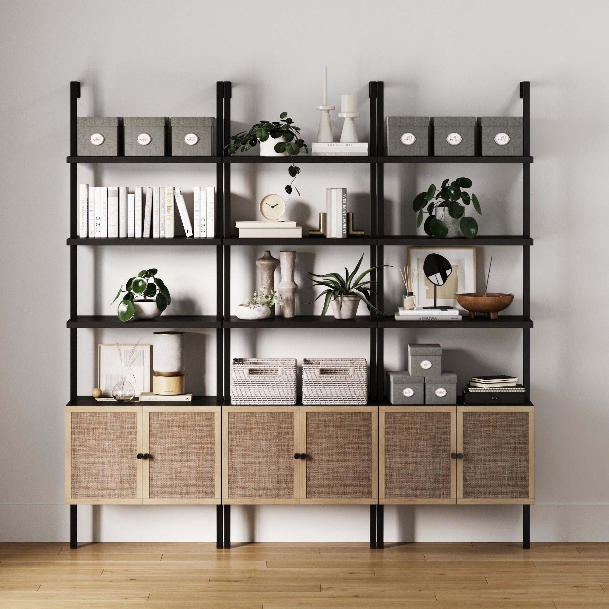 Rattan Ladder Wall Bookshelves with Doors Black (Set of 3) - Nathan James