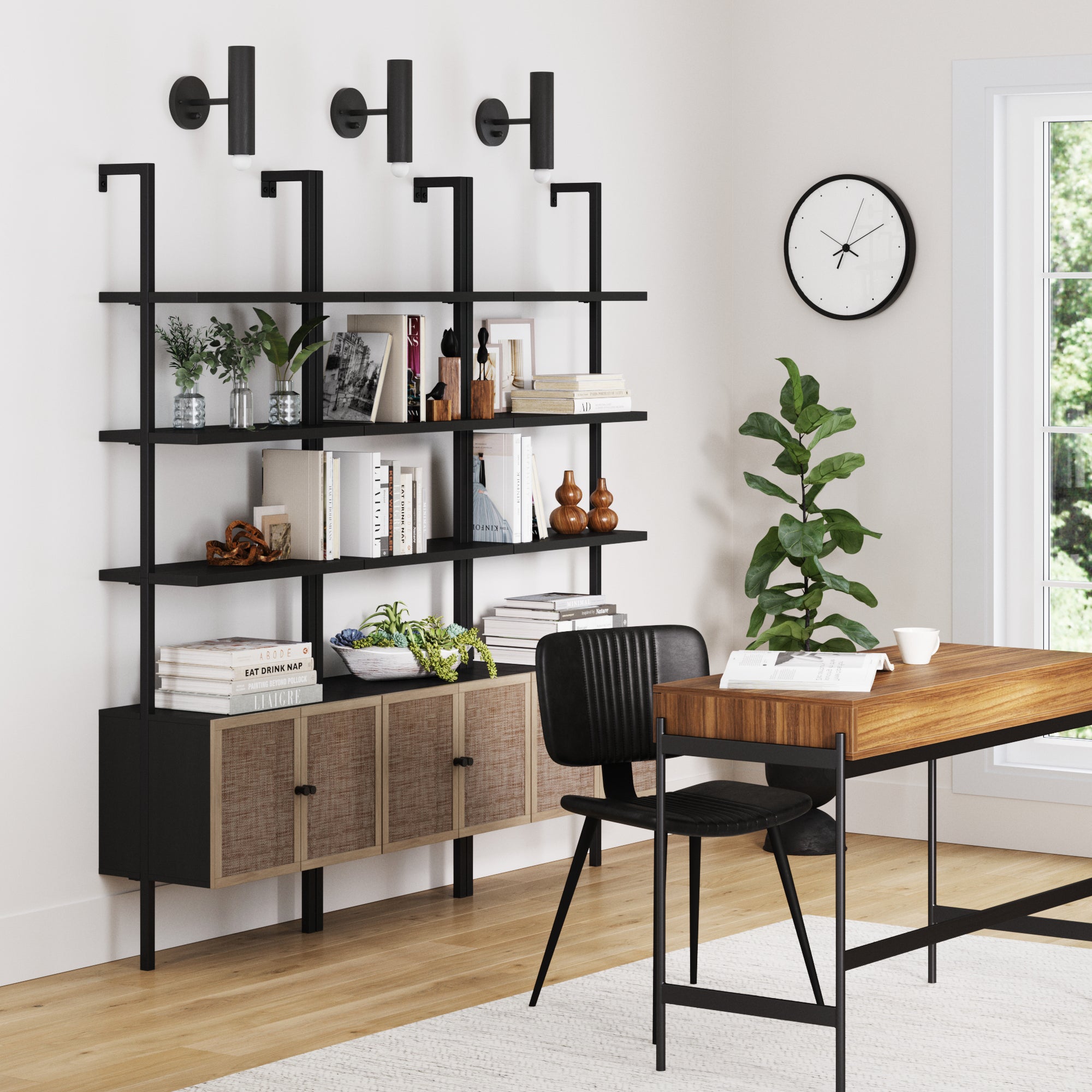 Rattan Ladder Wall Bookshelves with Doors Black (Set of 3) - Nathan James