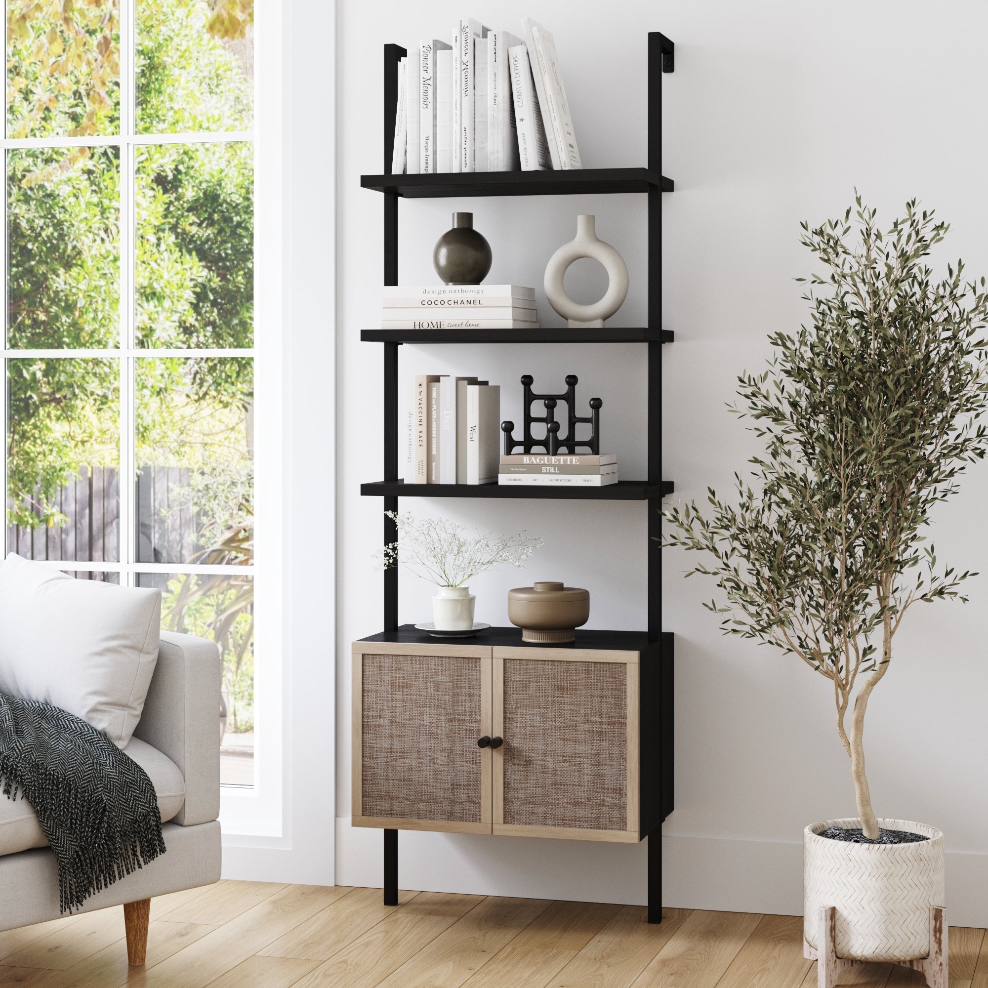 Rattan Ladder Storage Bookshelf with Doors Black - Nathan James