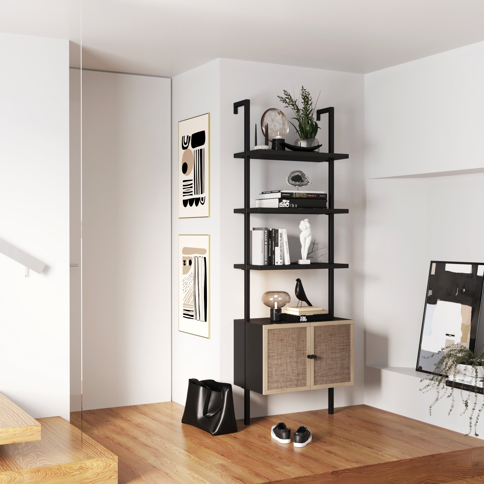 Rattan Ladder Storage Bookshelf with Doors Black - Nathan James