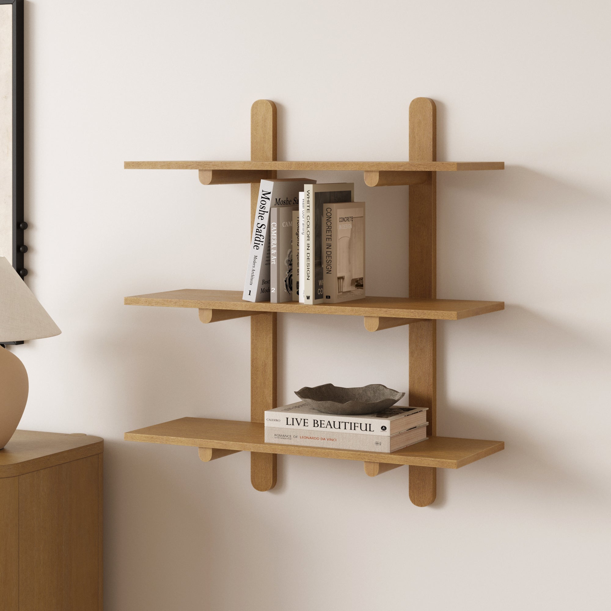 Mid Century Modern 3-Tier Wall Mounted Wood Shelf Light Brown - Nathan James