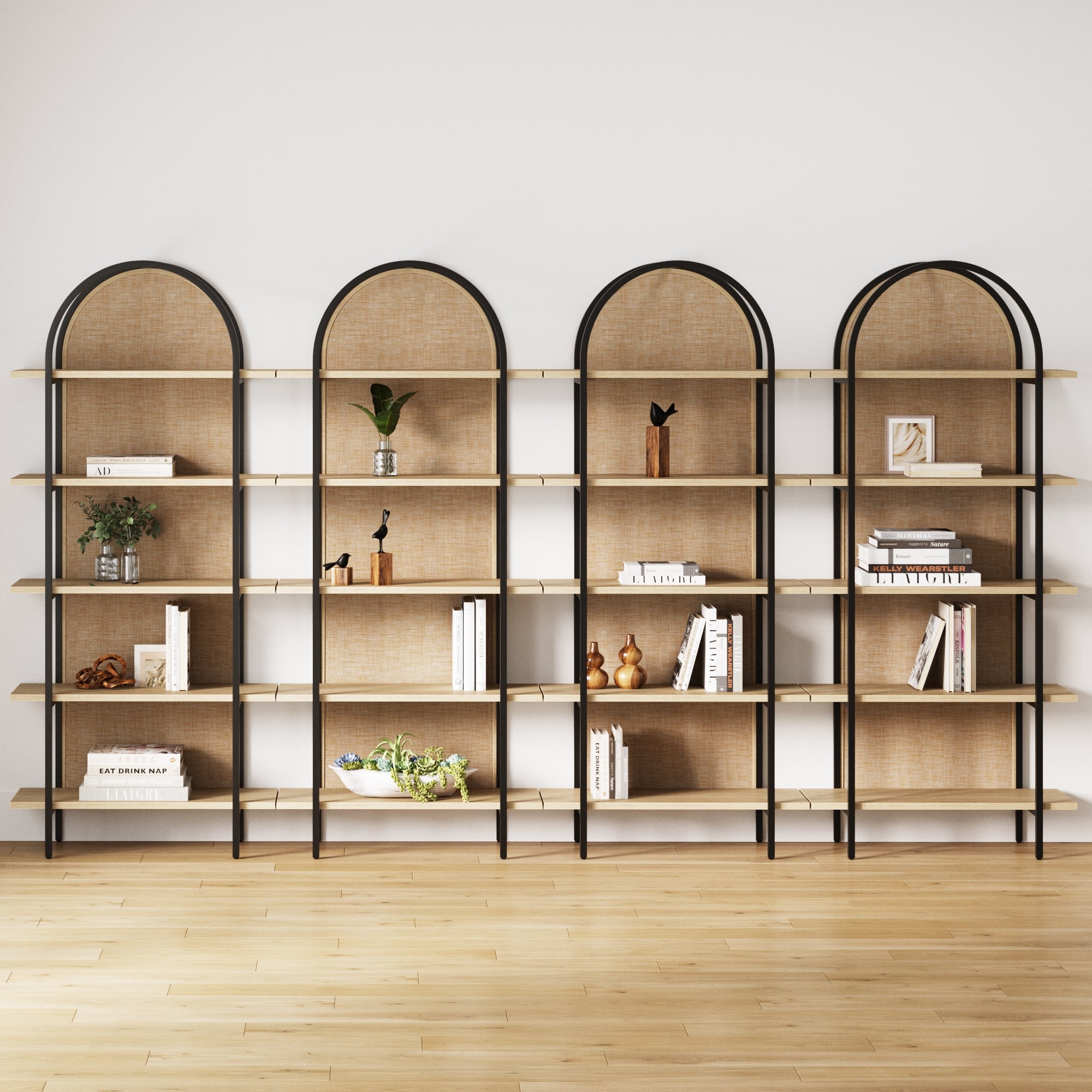 Boho Rattan & Wood Arched Bookshelves (Set of 4) - Nathan James