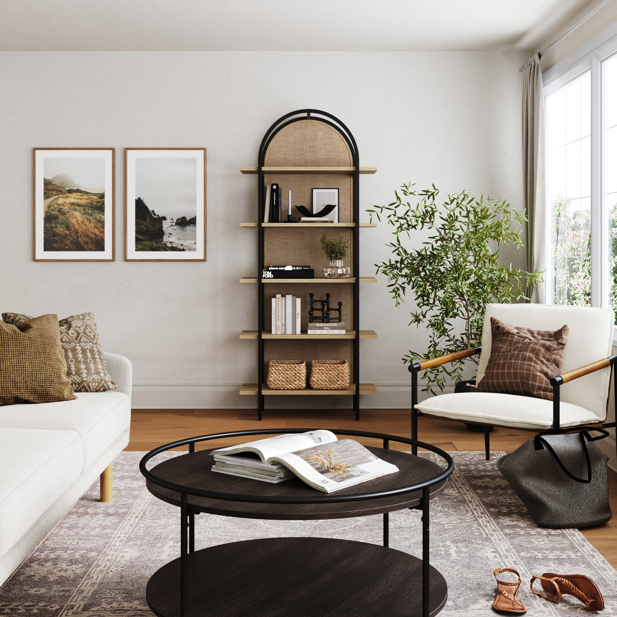 Boho Rattan & Wood Arched Bookshelf - Nathan James
