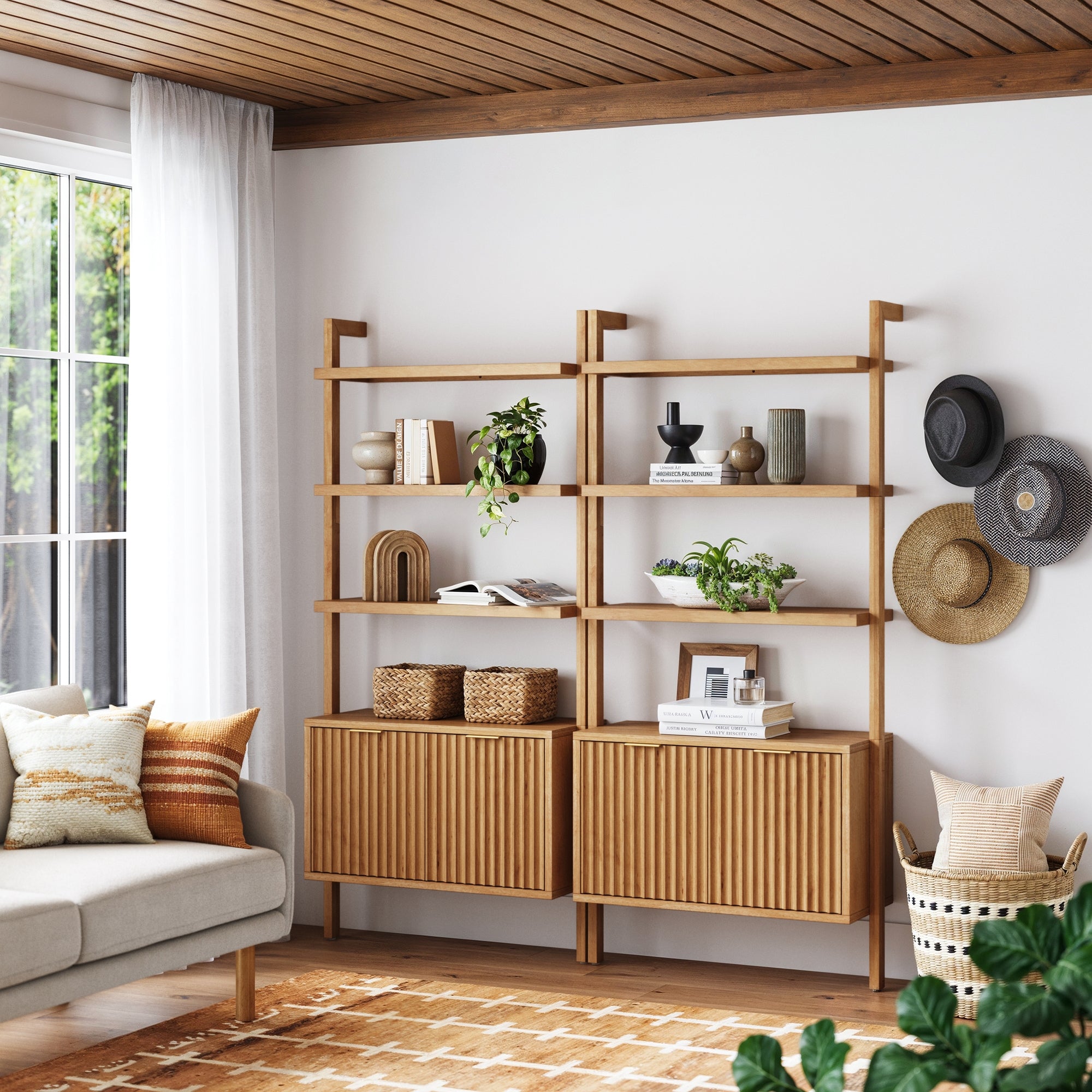 Mid - Century Fluted Wall Bookshelves with Doors Warm Pine (Set of 2) - Nathan James
